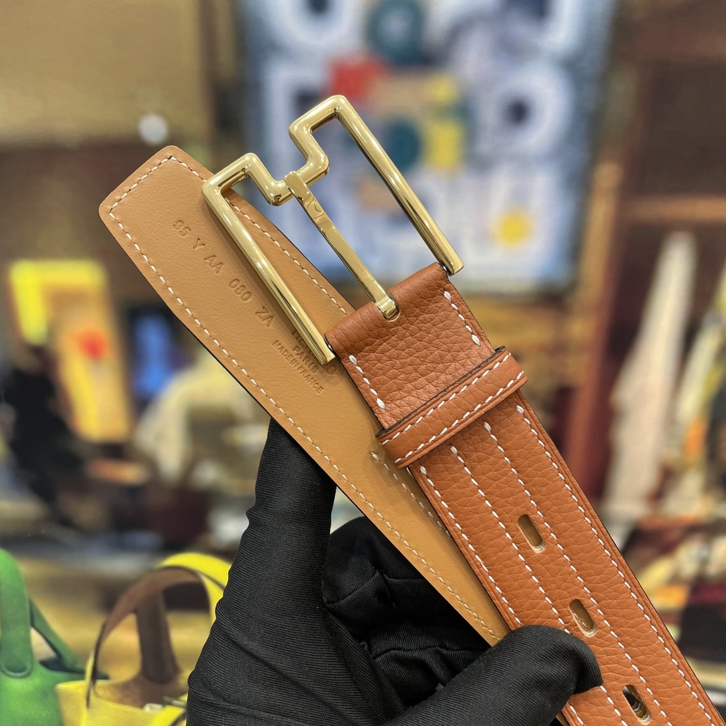 Luxury Tan Grainy Leather Belt with Gold Geometric Buckle