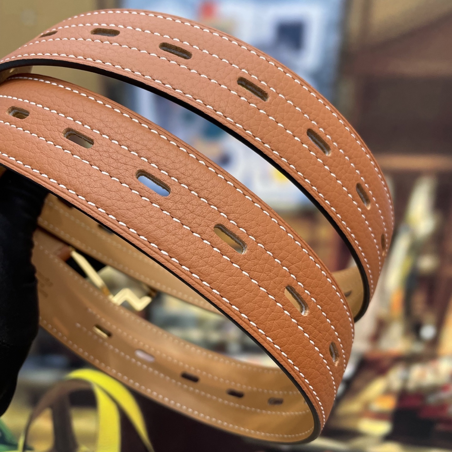 Luxury Tan Grainy Leather Belt with Gold Geometric Buckle