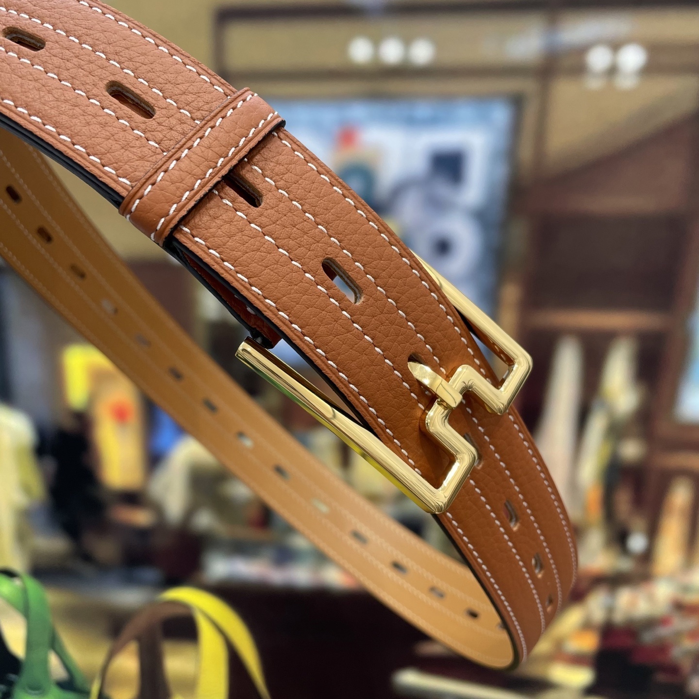 Luxury Tan Grainy Leather Belt with Gold Geometric Buckle
