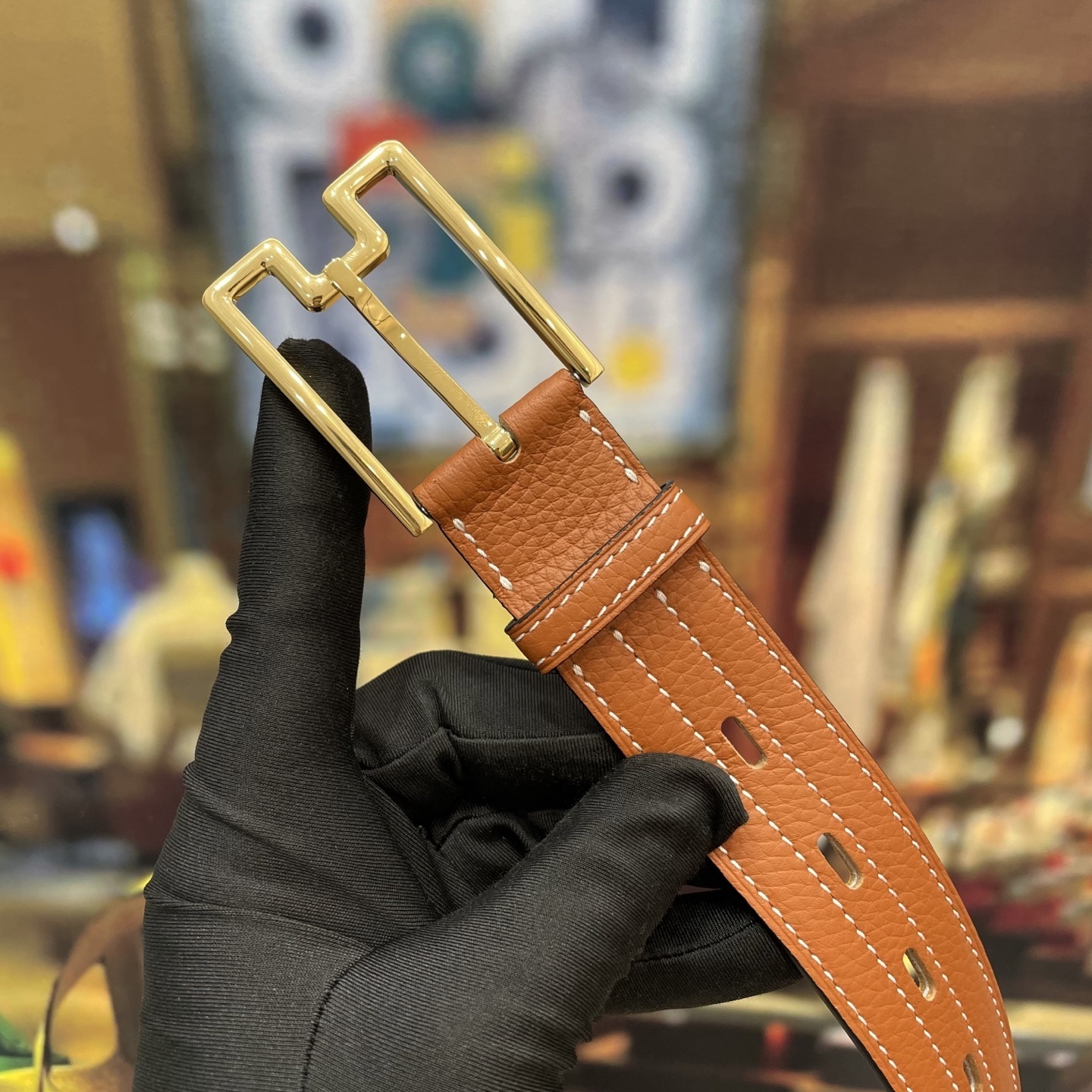 Luxury Tan Grainy Leather Belt with Gold Geometric Buckle