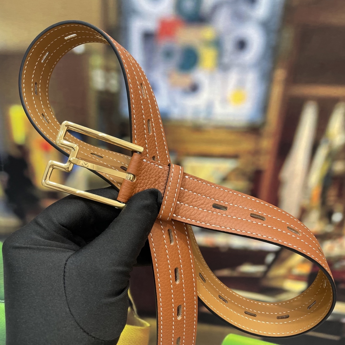 Luxury Tan Grainy Leather Belt with Gold Geometric Buckle