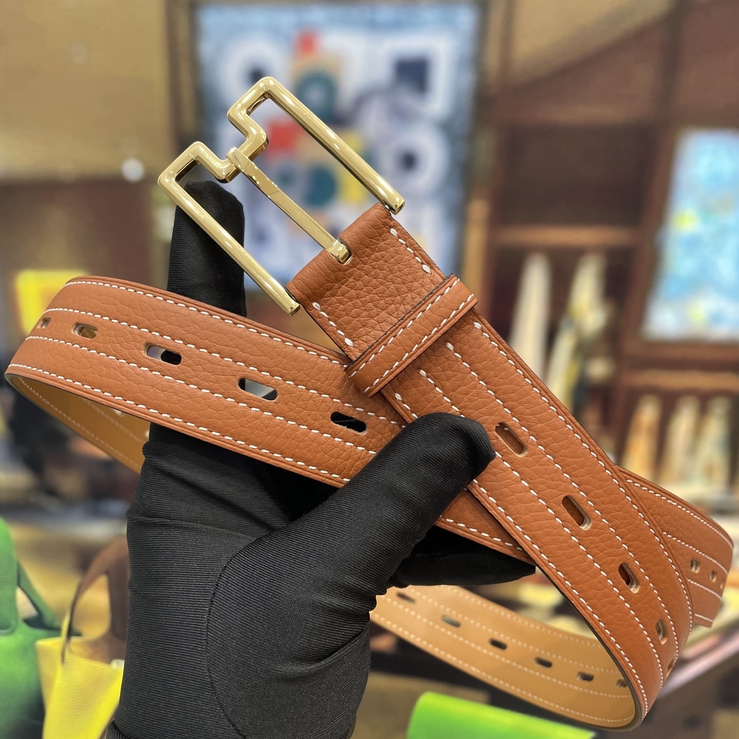 Luxury Tan Grainy Leather Belt with Gold Geometric Buckle