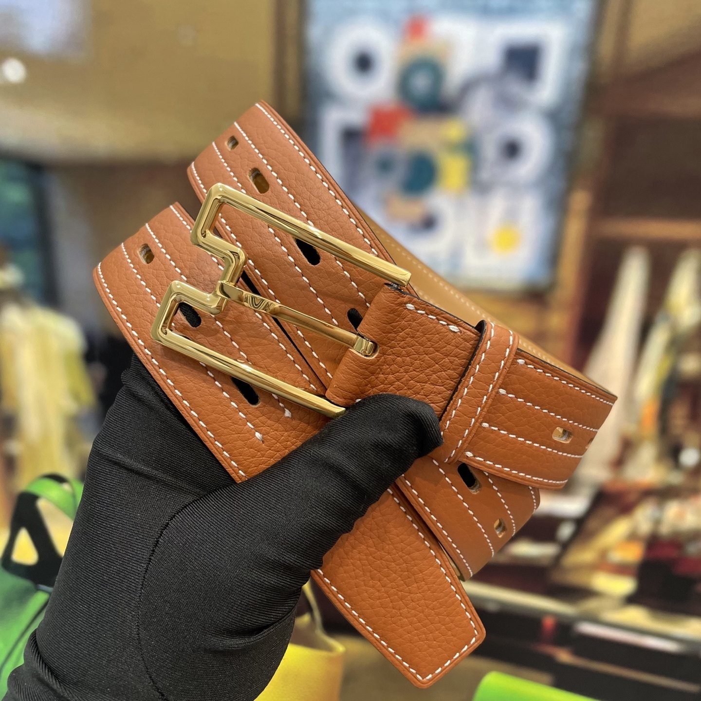 Luxury Tan Grainy Leather Belt with Gold Geometric Buckle