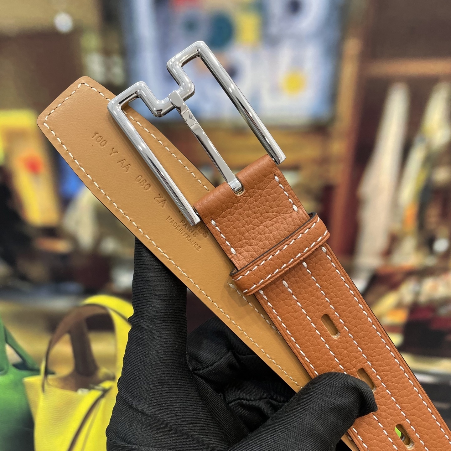 Premium Tan Pebbled Leather Belt with Silver Geometric Buckle