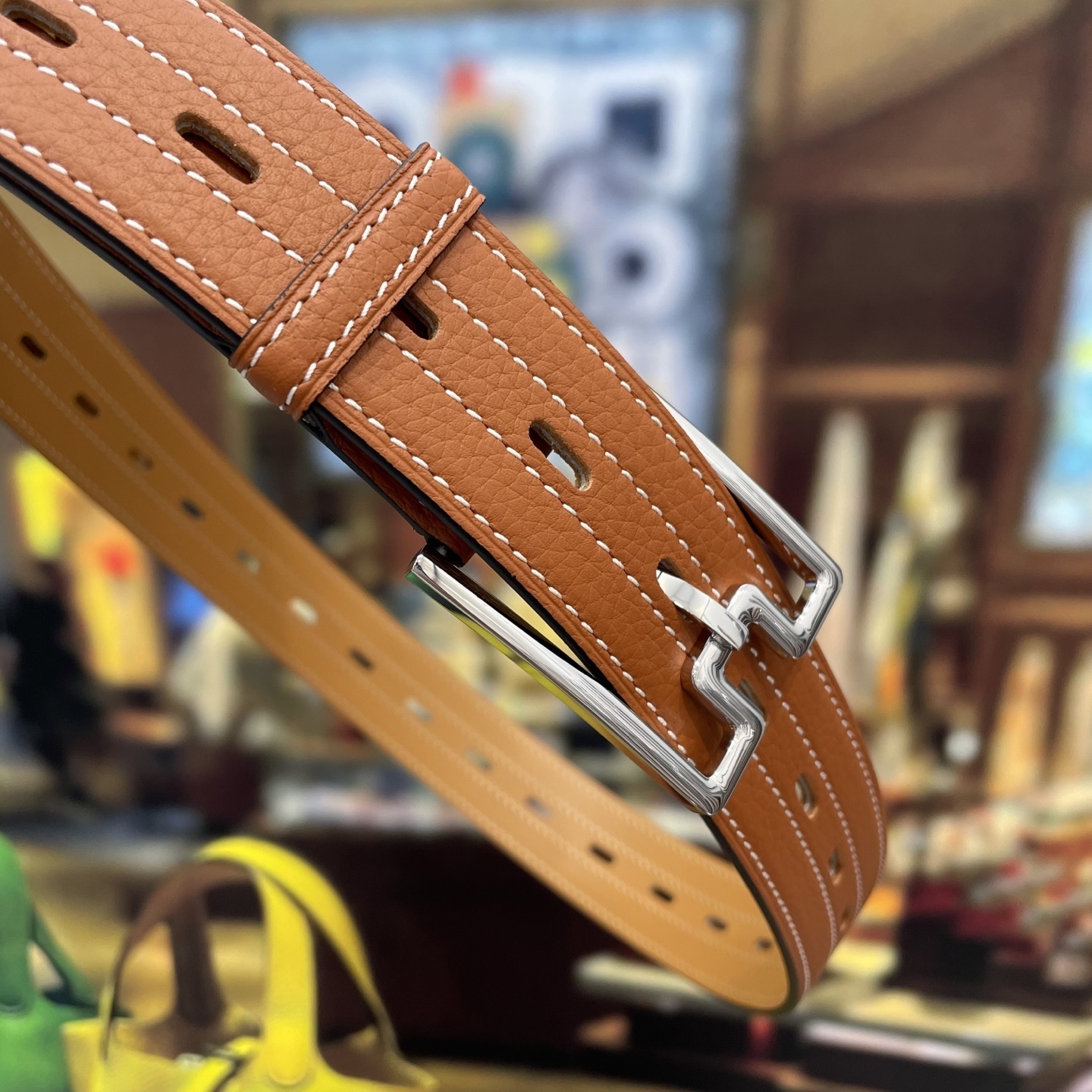 Premium Tan Pebbled Leather Belt with Silver Geometric Buckle