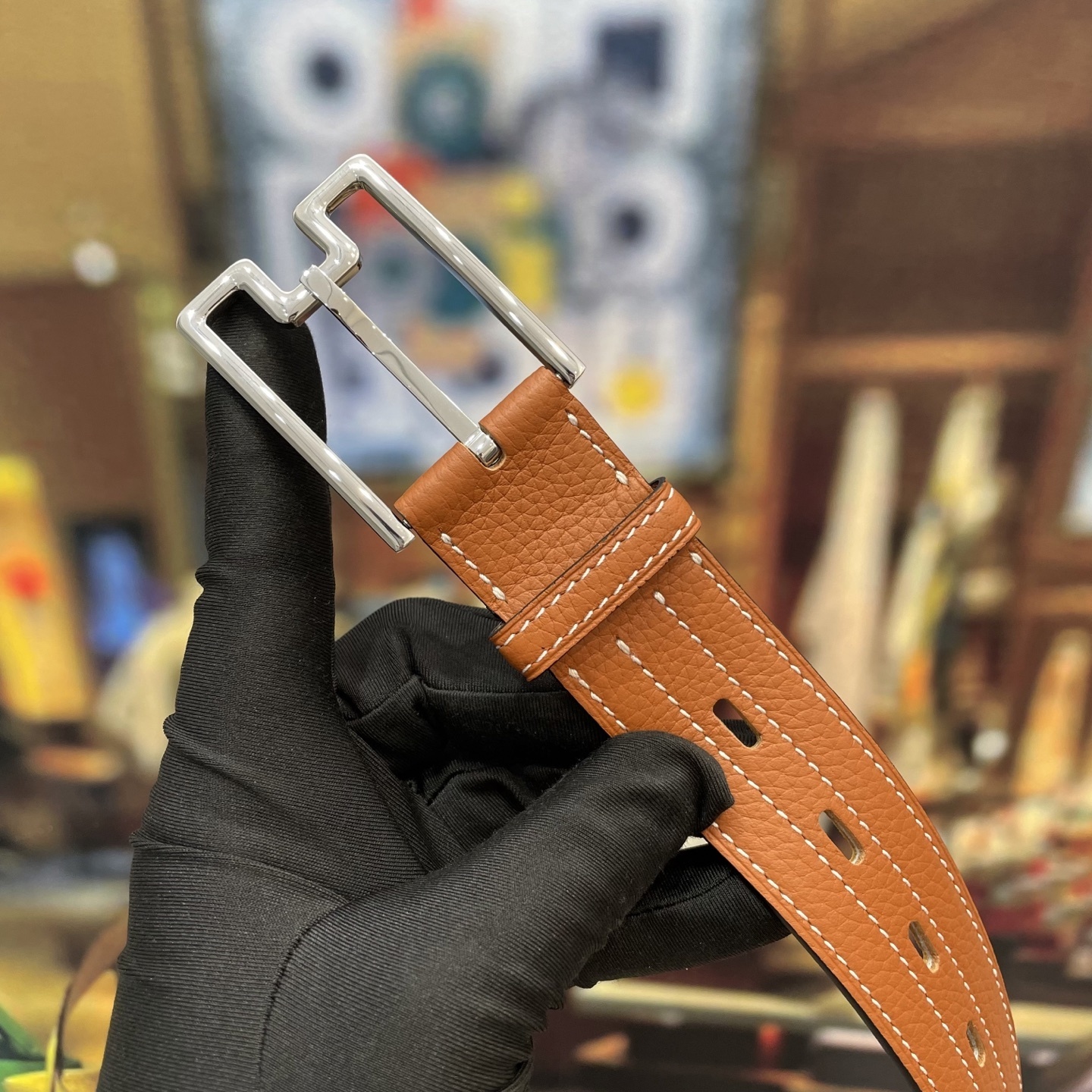 Premium Tan Pebbled Leather Belt with Silver Geometric Buckle