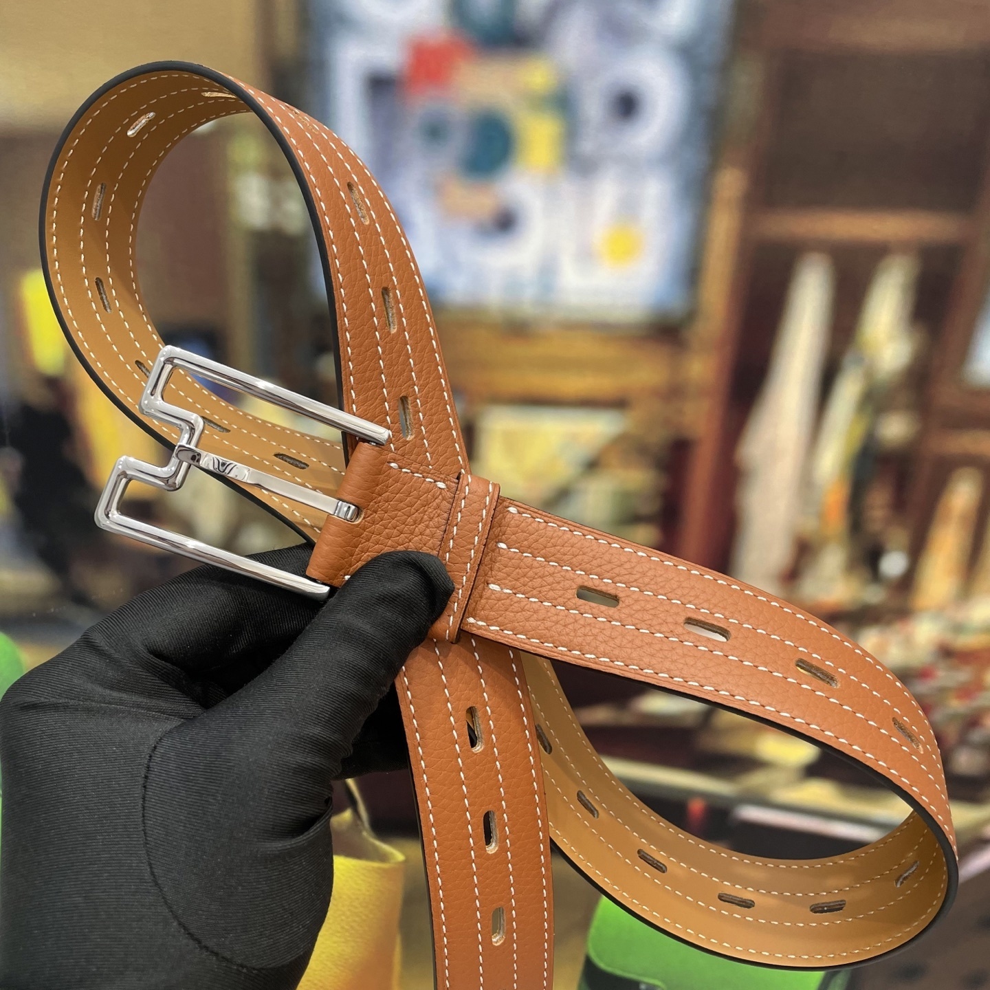 Premium Tan Pebbled Leather Belt with Silver Geometric Buckle