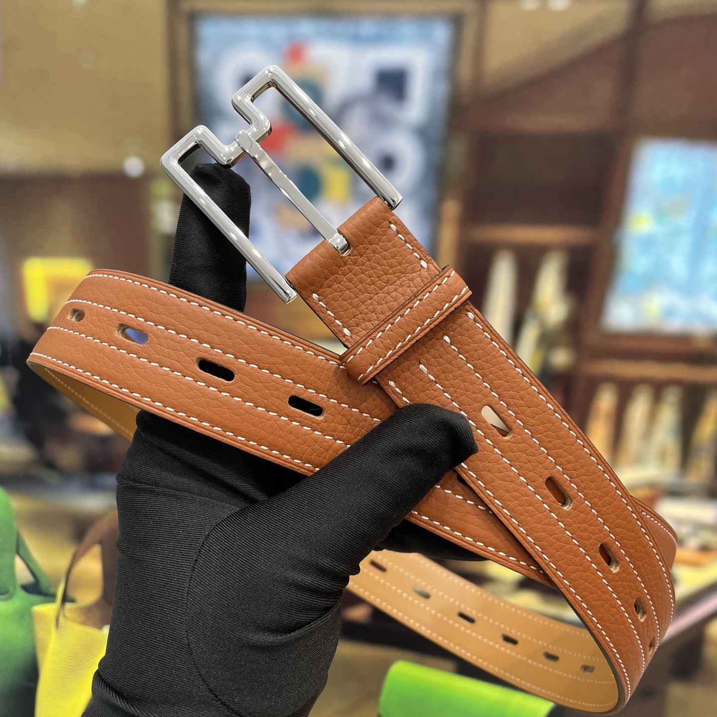 Premium Tan Pebbled Leather Belt with Silver Geometric Buckle
