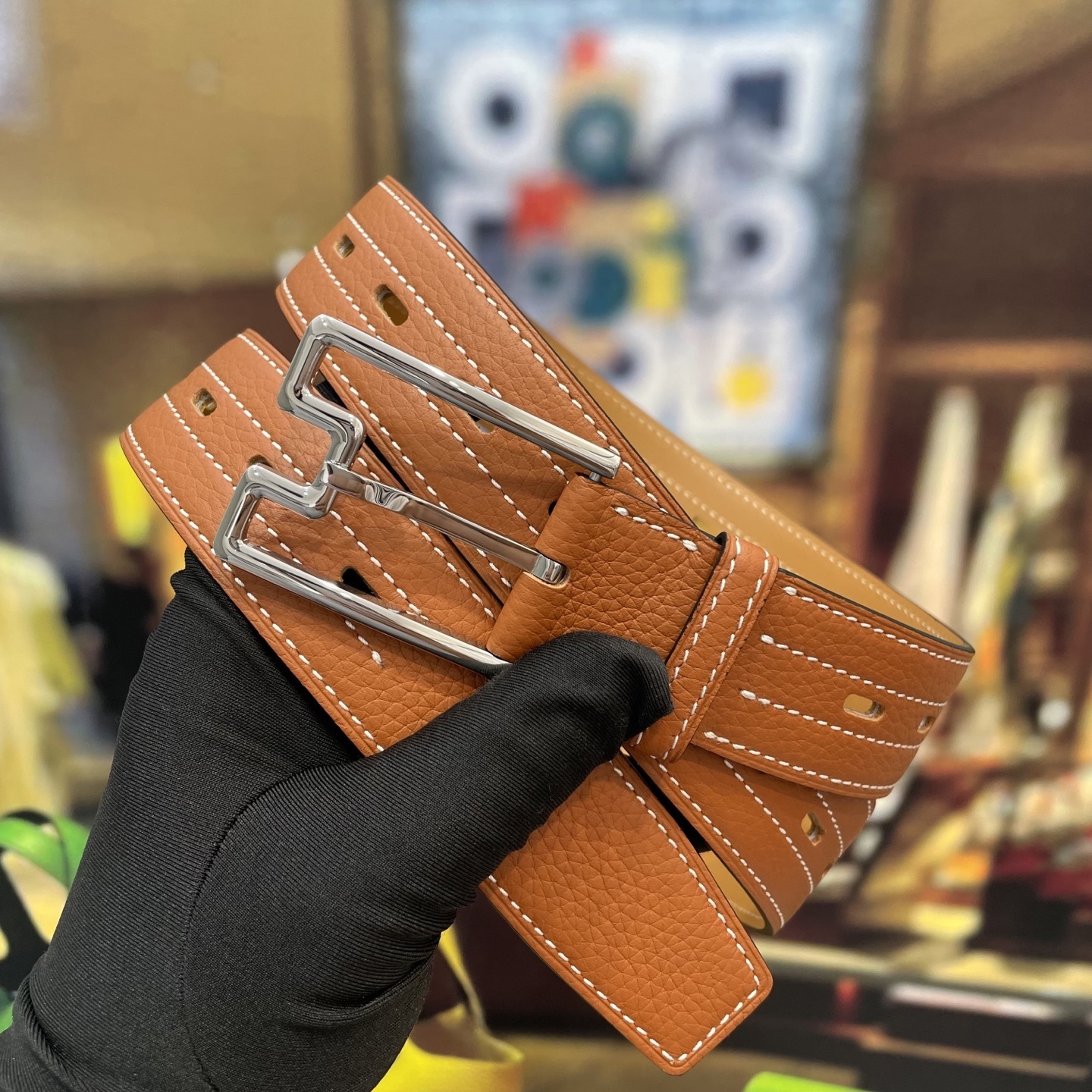 Premium Tan Pebbled Leather Belt with Silver Geometric Buckle