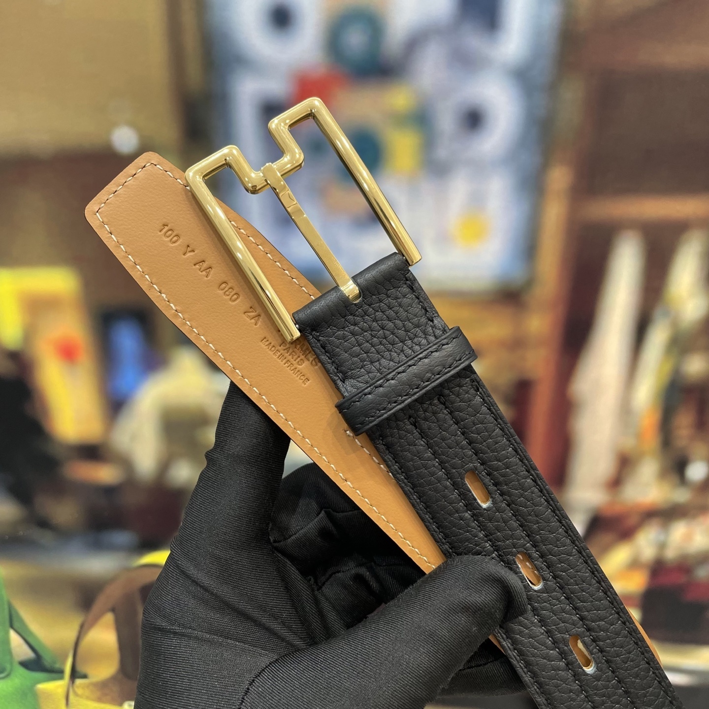 Premium Black Pebble Grain Leather Belt with Gold Designer Buckle