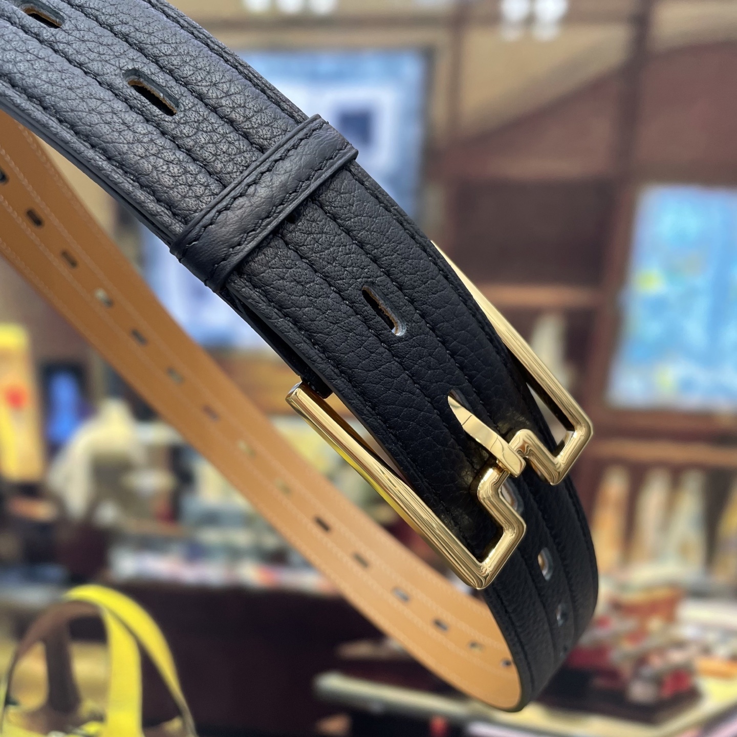 Premium Black Pebble Grain Leather Belt with Gold Designer Buckle