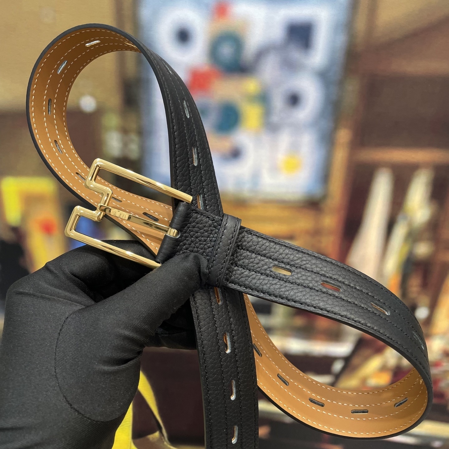 Premium Black Pebble Grain Leather Belt with Gold Designer Buckle