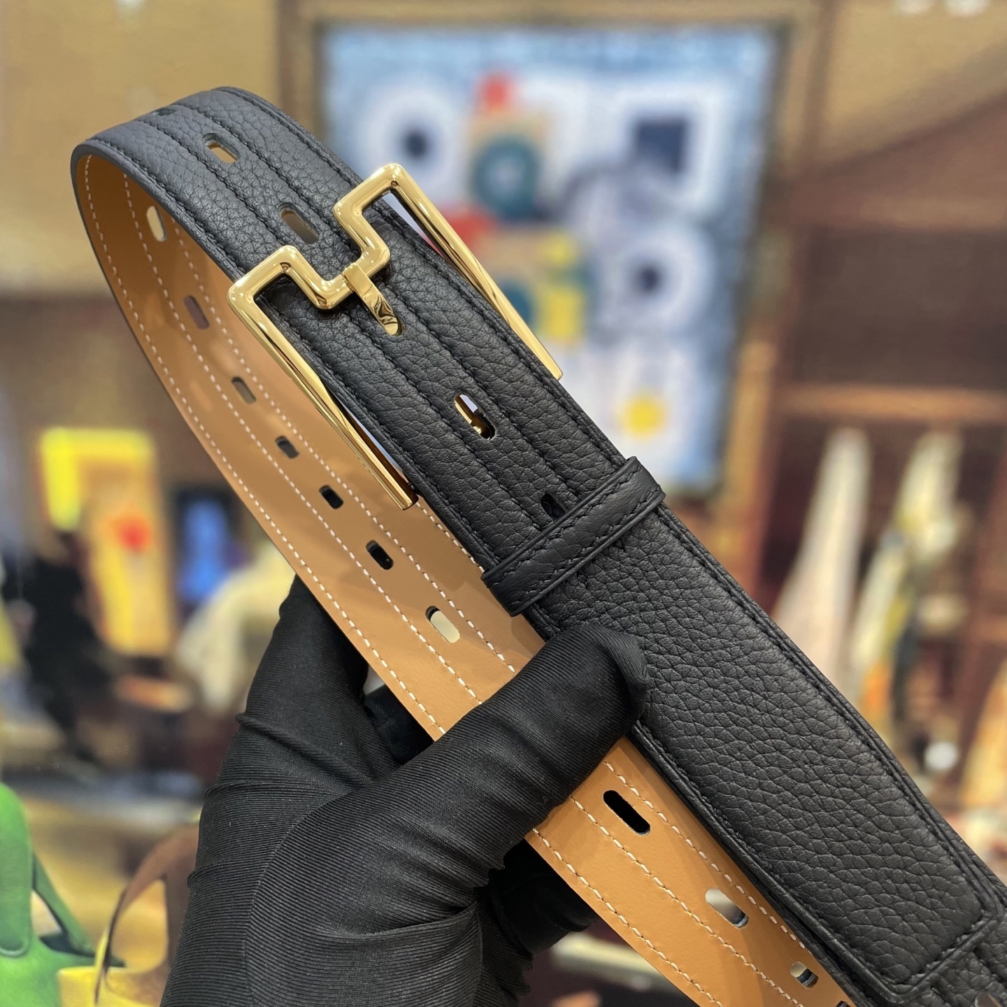 Premium Black Pebble Grain Leather Belt with Gold Designer Buckle