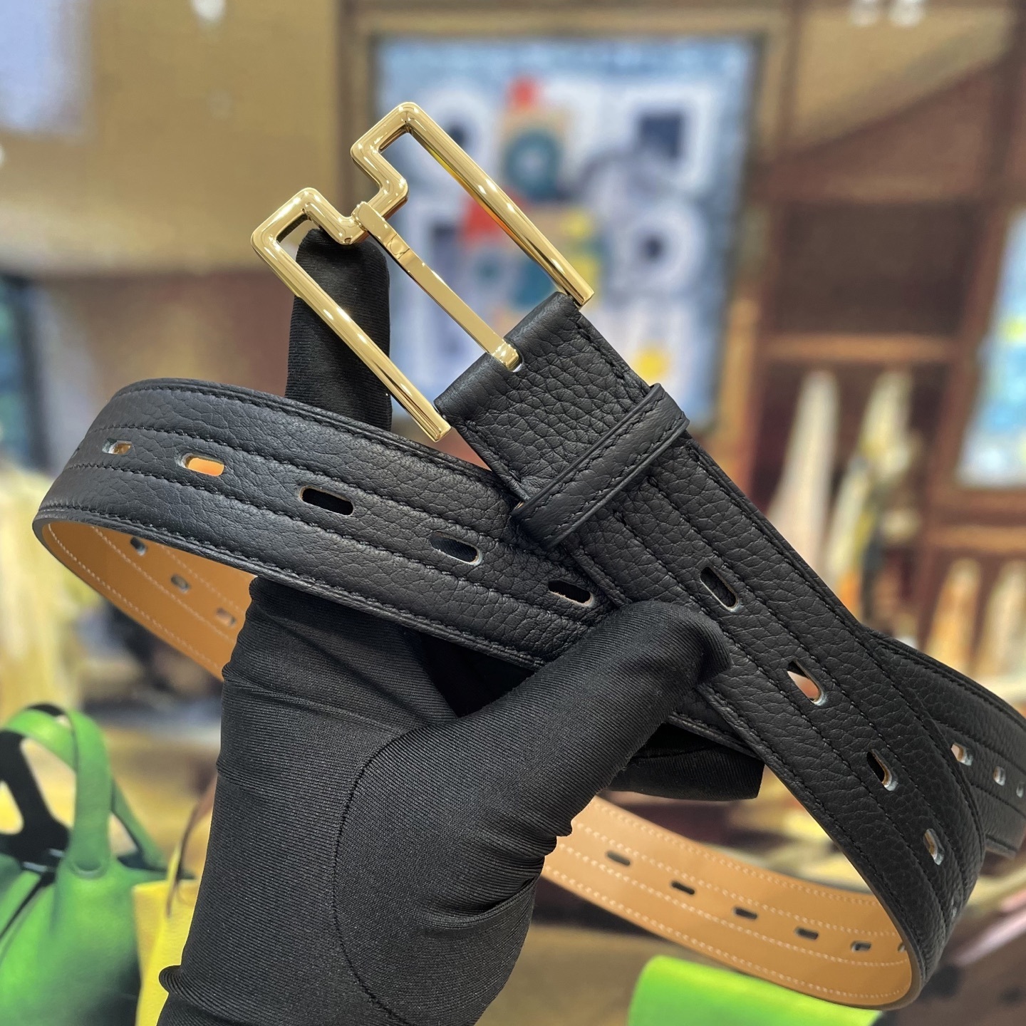 Premium Black Pebble Grain Leather Belt with Gold Designer Buckle