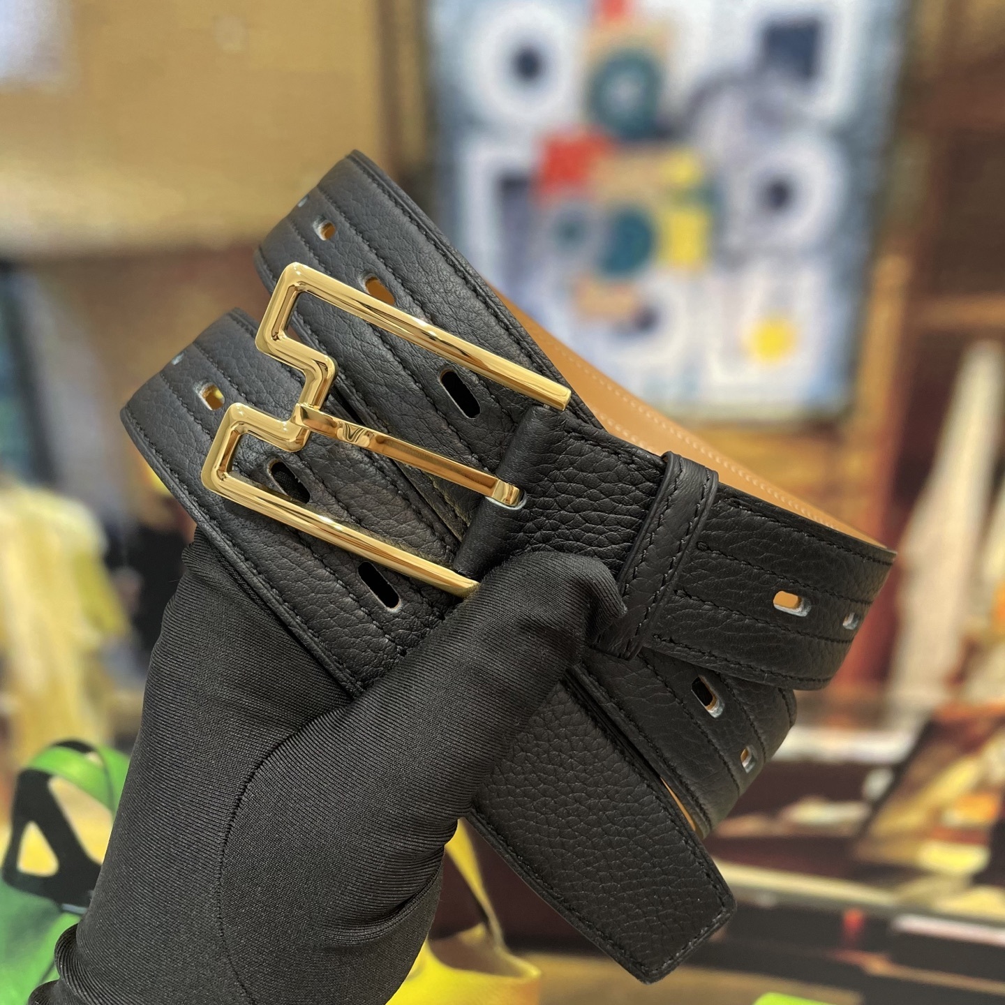 Premium Black Pebble Grain Leather Belt with Gold Designer Buckle