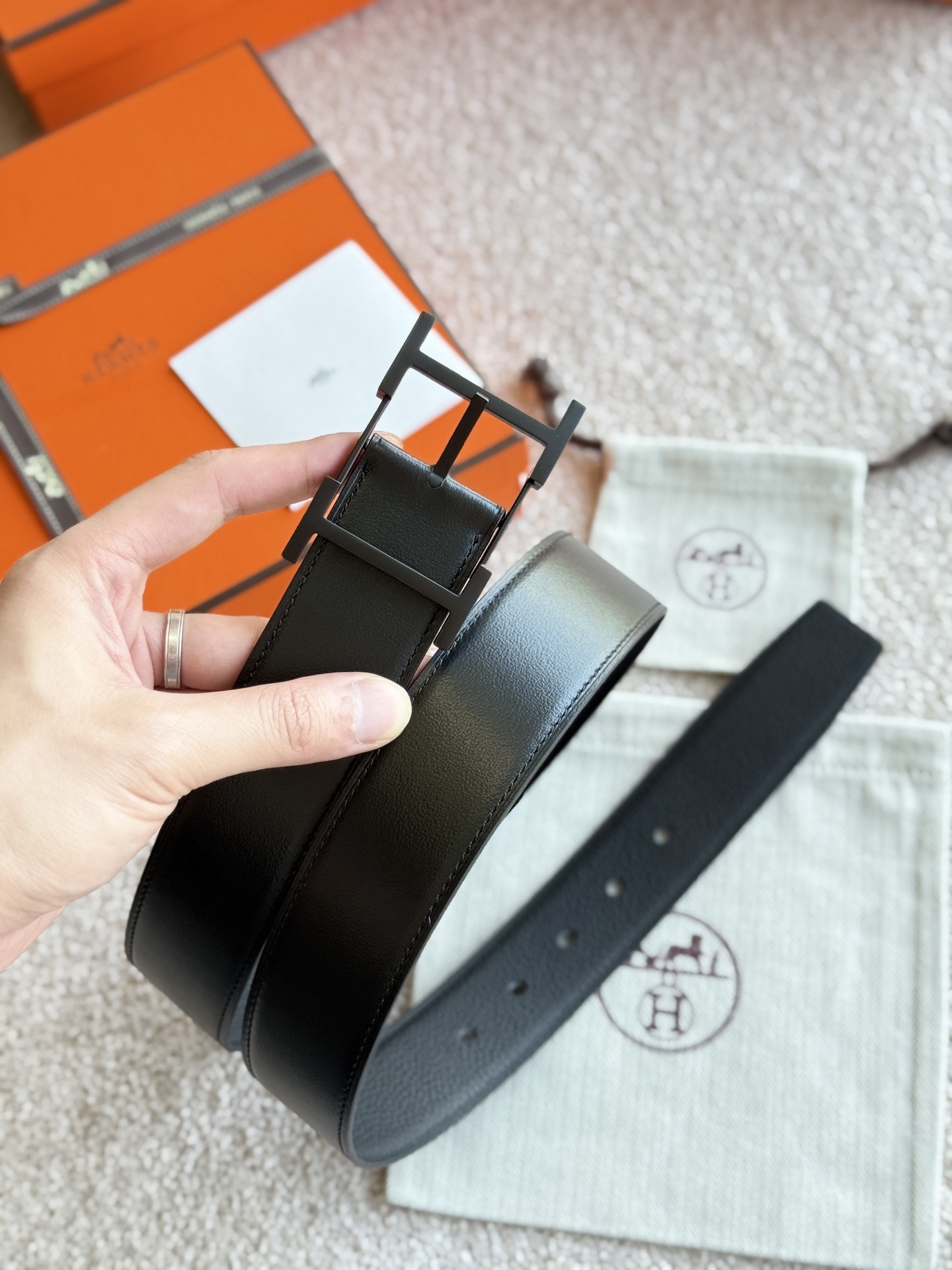 Men's Hermès H Belt - Black Textured Leather with Matte Black Buckle