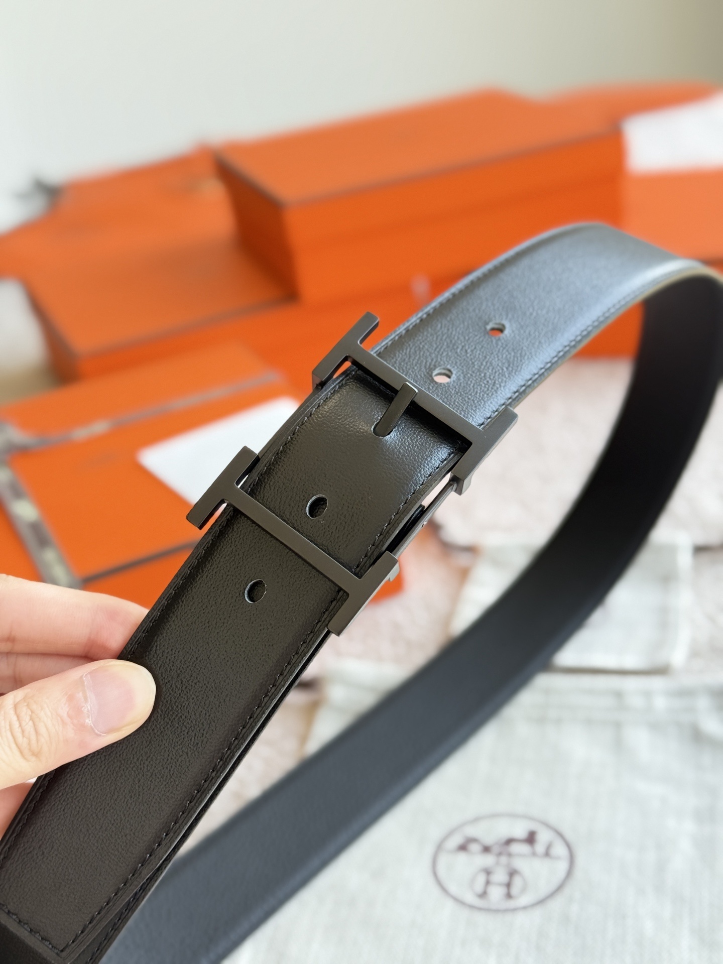 Men's Hermès H Belt - Black Textured Leather with Matte Black Buckle