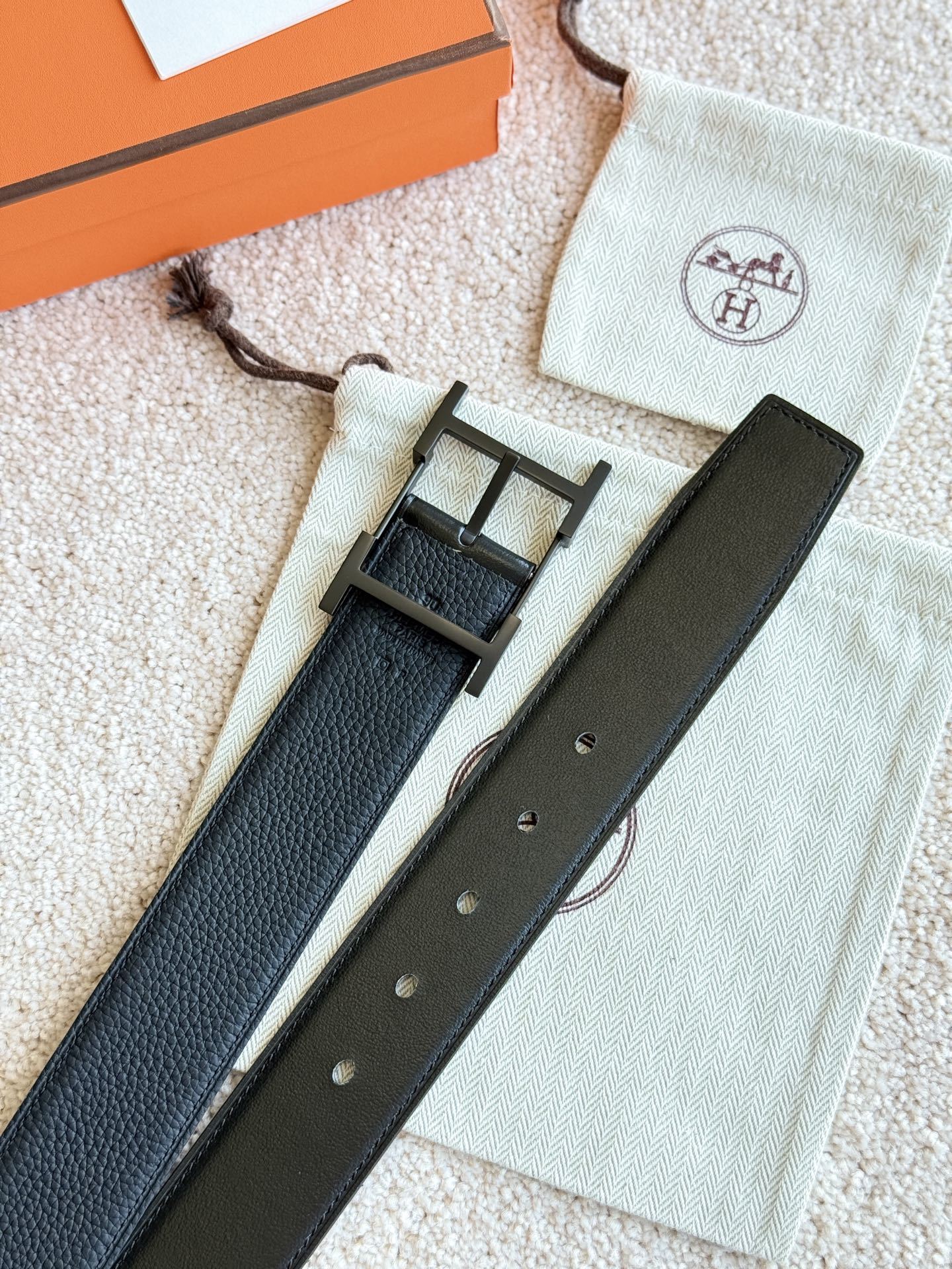 Men's Hermès H Belt - Black Textured Leather with Matte Black Buckle