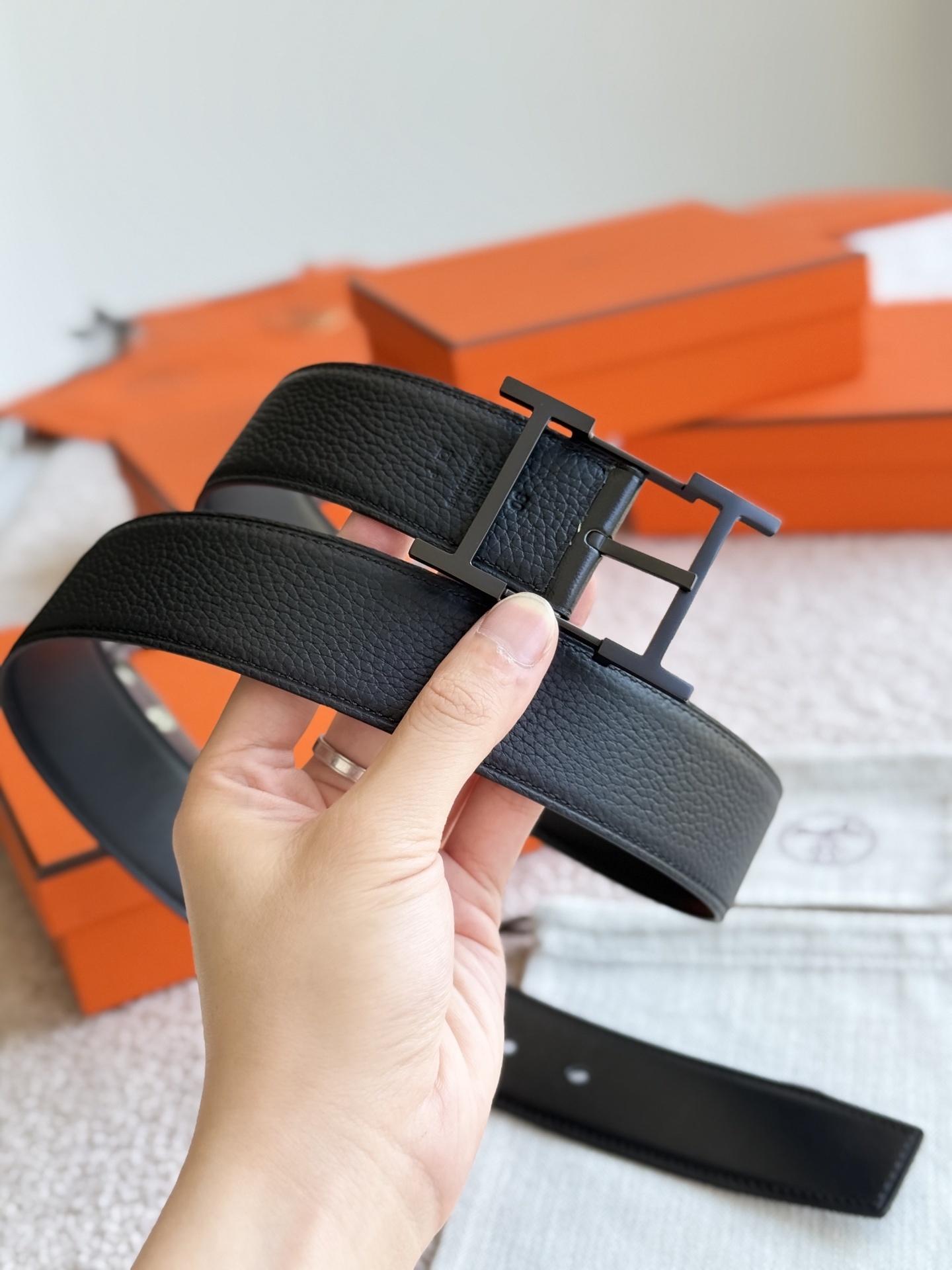 Men's Hermès H Belt - Black Textured Leather with Matte Black Buckle