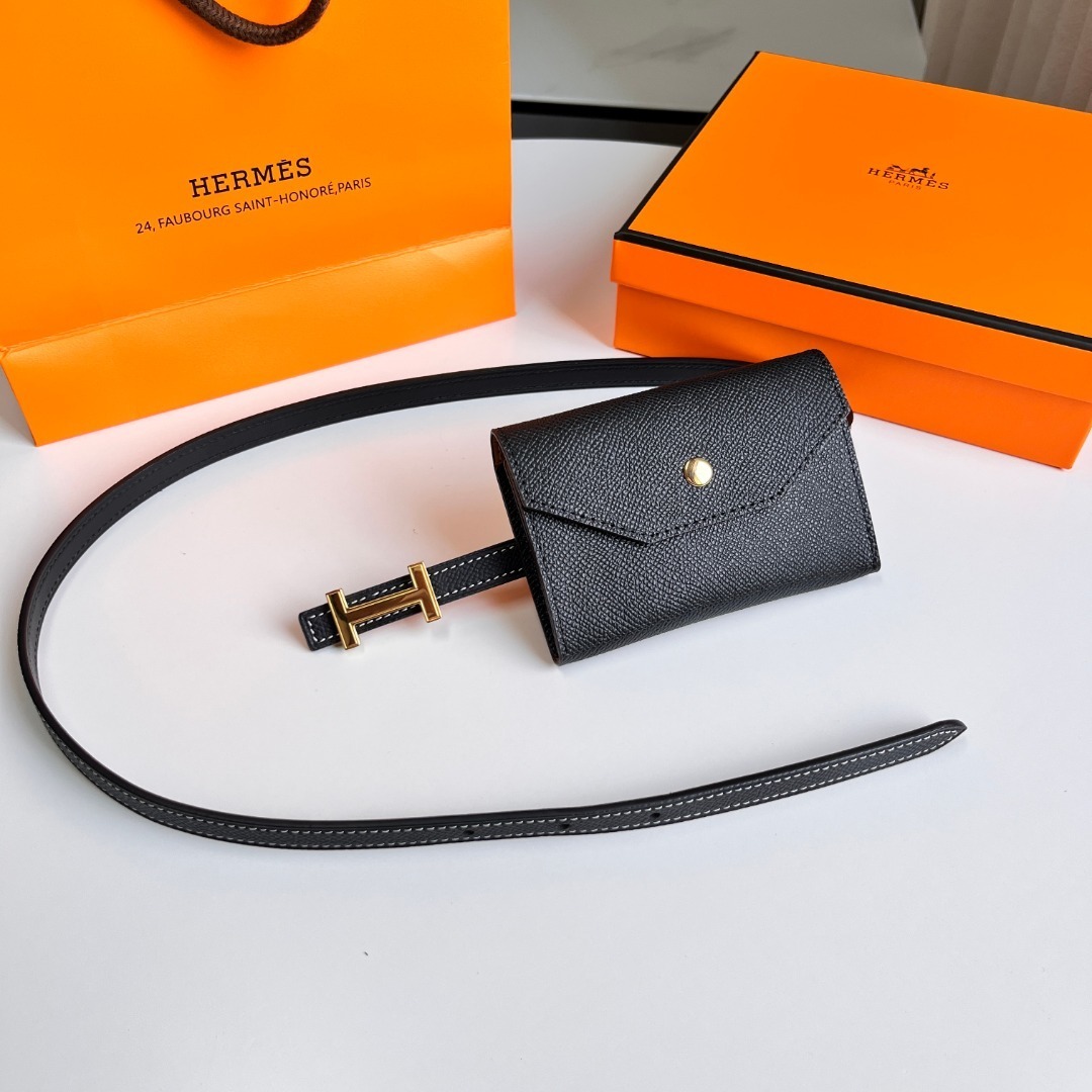 Luxury Black Leather Belt Bag with Gold H Buckle & Waist Pouch