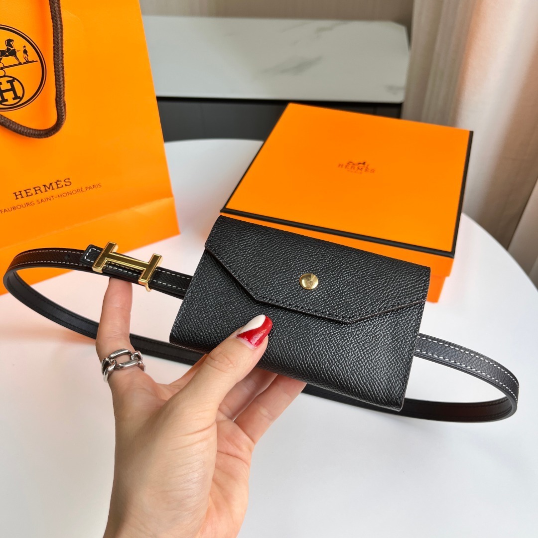 Luxury Black Leather Belt Bag with Gold H Buckle & Waist Pouch