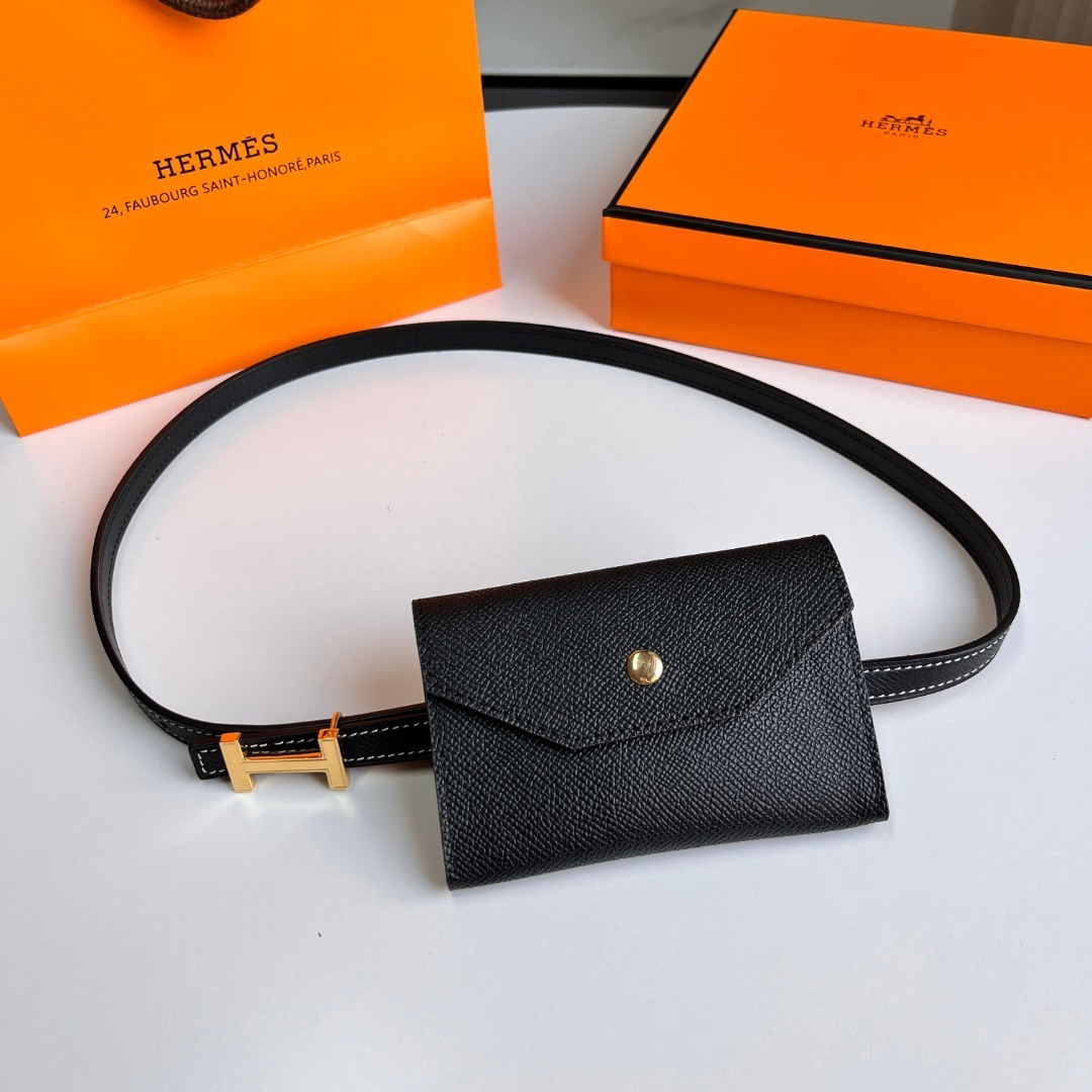 Luxury Black Leather Belt Bag with Gold H Buckle & Waist Pouch