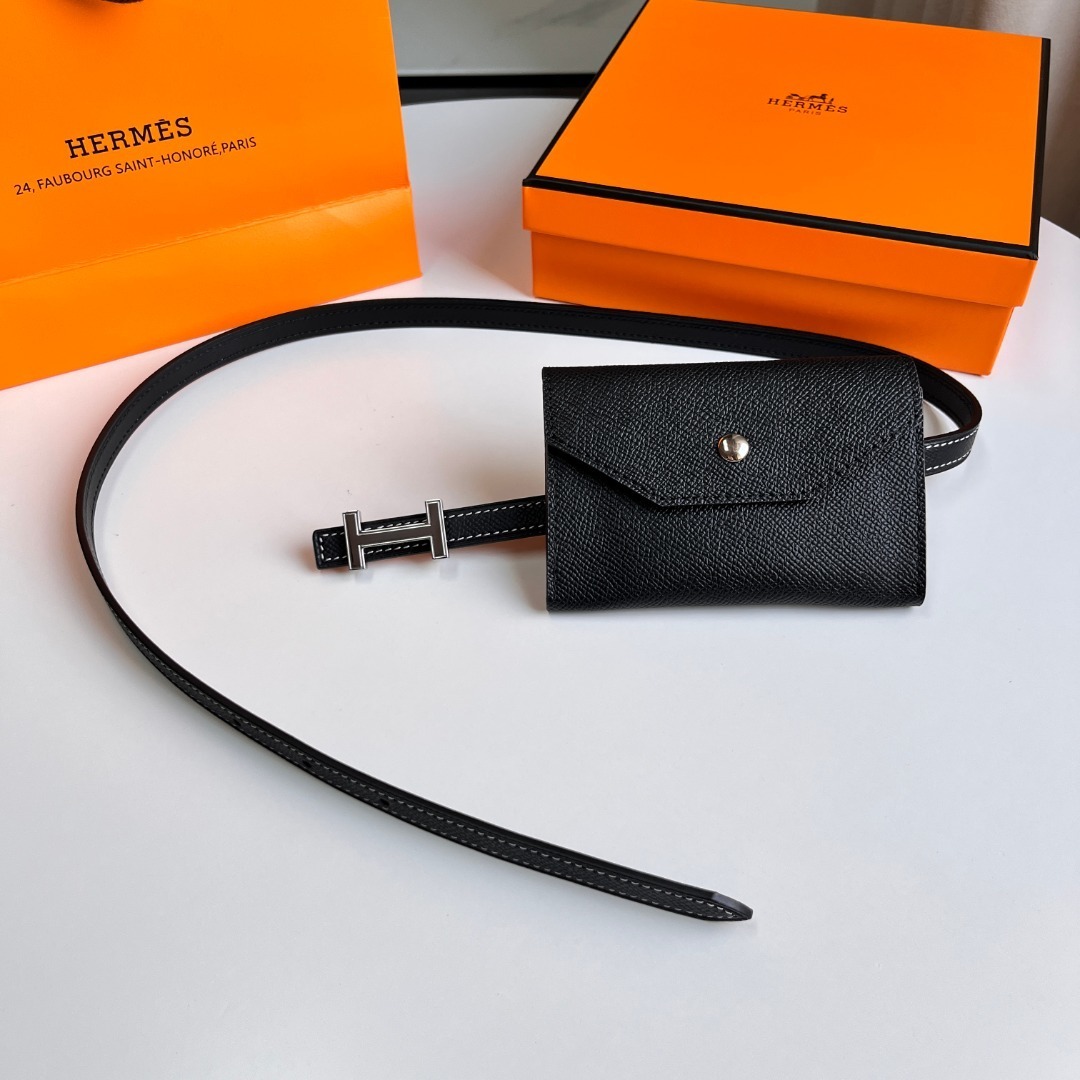 Luxury Black Leather Belt Bag with Silver H Buckle