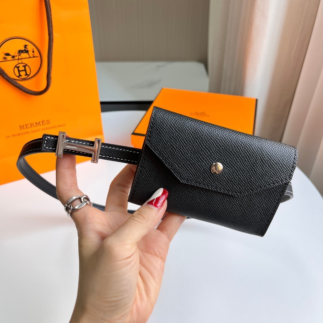 Luxury Black Leather Belt Bag with Silver H Buckle