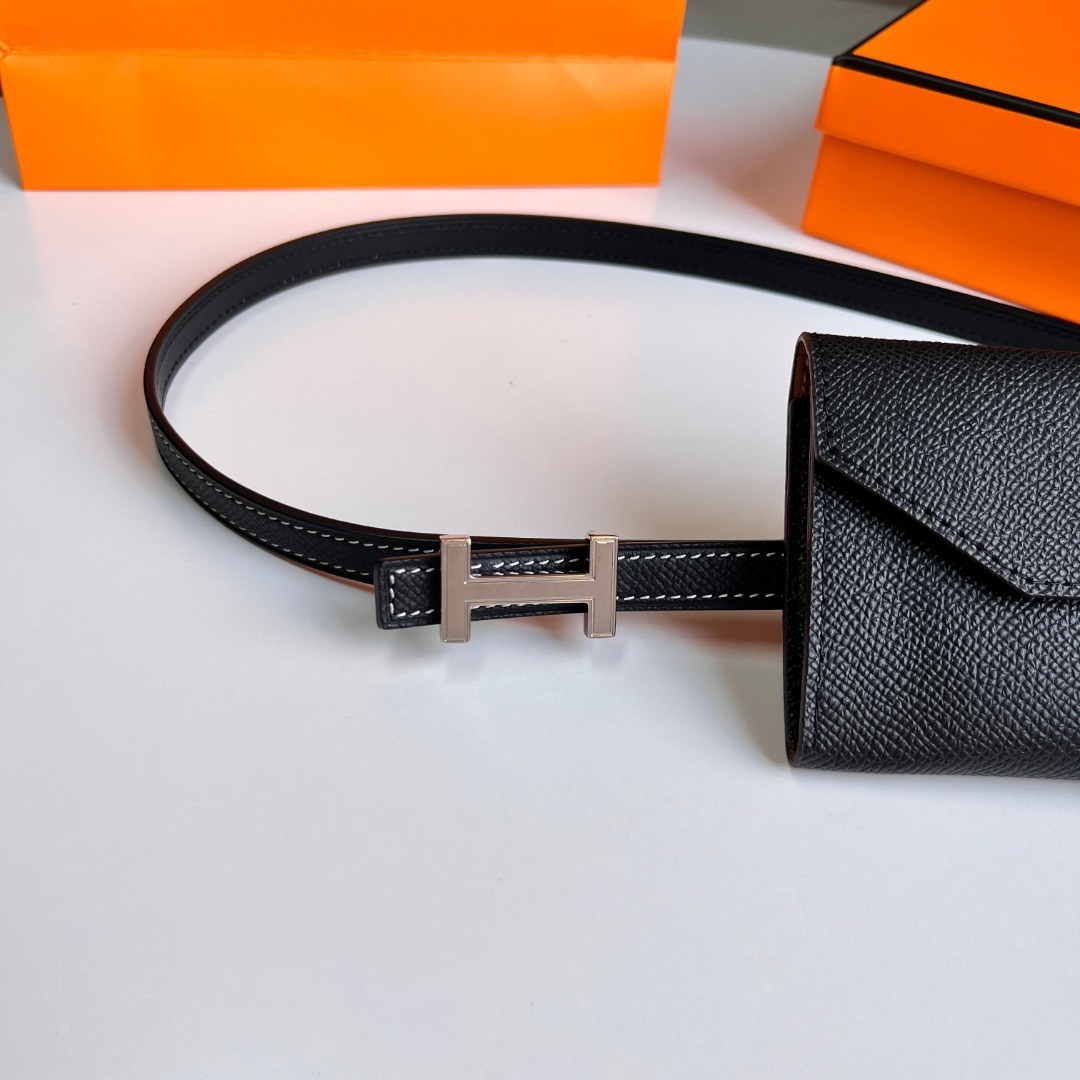 Luxury Black Leather Belt Bag with Silver H Buckle