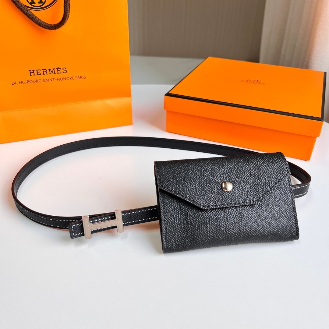 Luxury Black Leather Belt Bag with Silver H Buckle