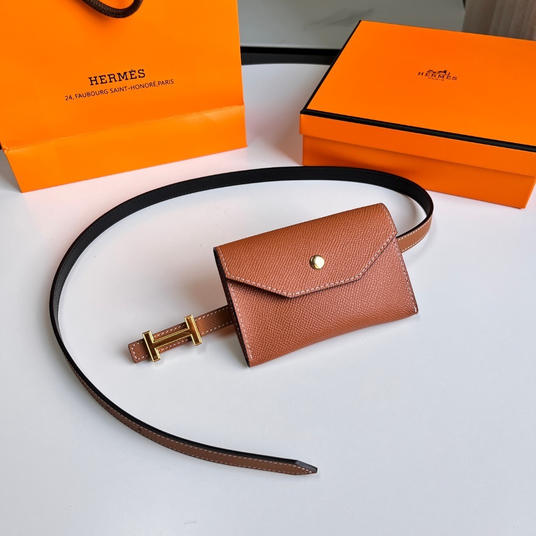 Hermes Style Epsom Leather Belt Bag with Gold-Tone H Buckle