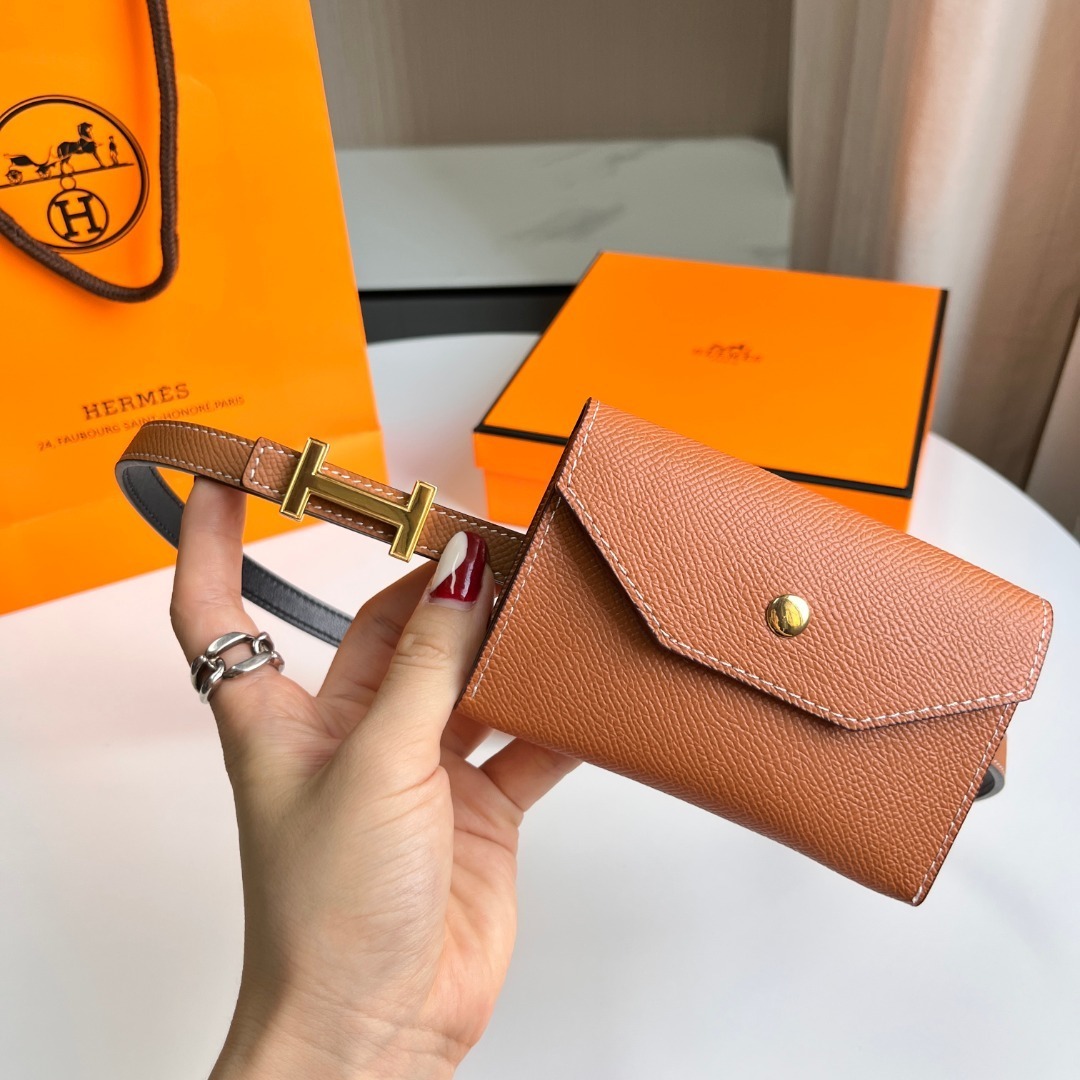 Hermes Style Epsom Leather Belt Bag with Gold-Tone H Buckle