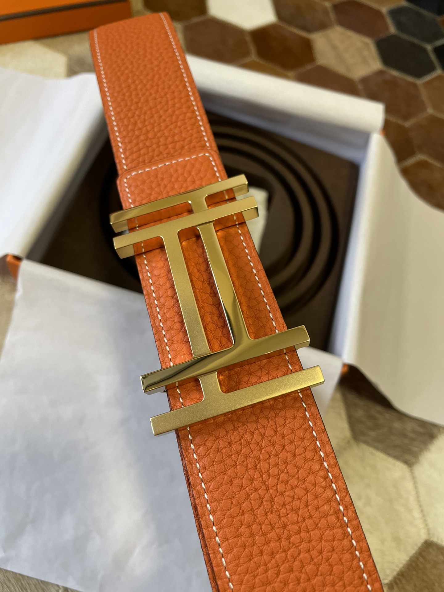 Premium Orange Grain Leather Belt with Gold H Buckle