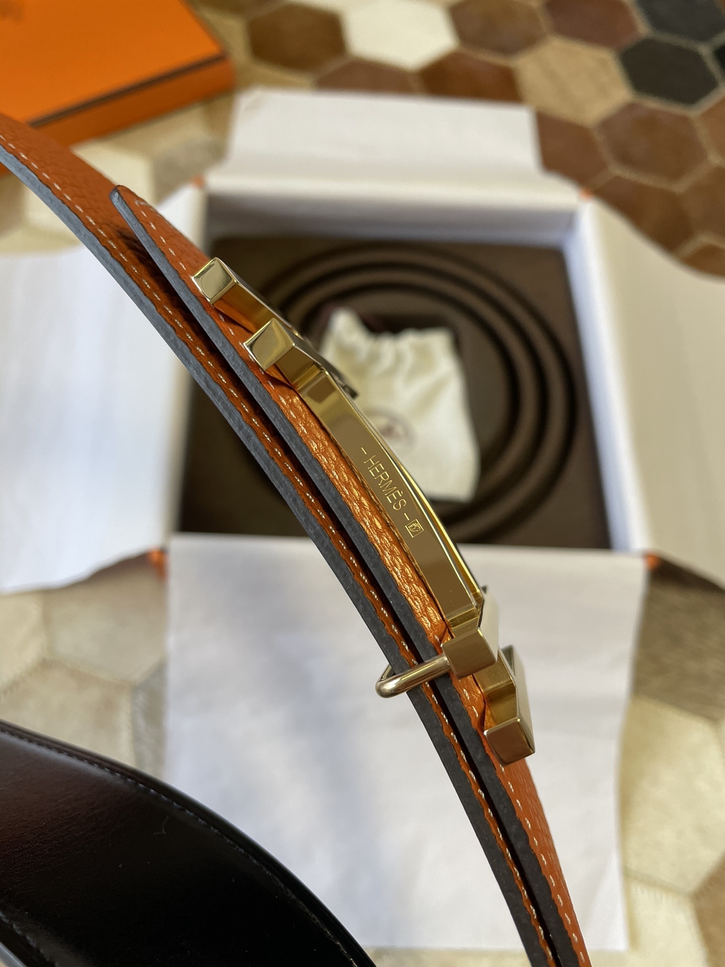 Premium Orange Grain Leather Belt with Gold H Buckle