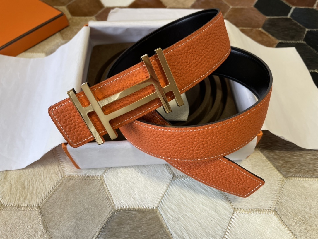Premium Orange Grain Leather Belt with Gold H Buckle