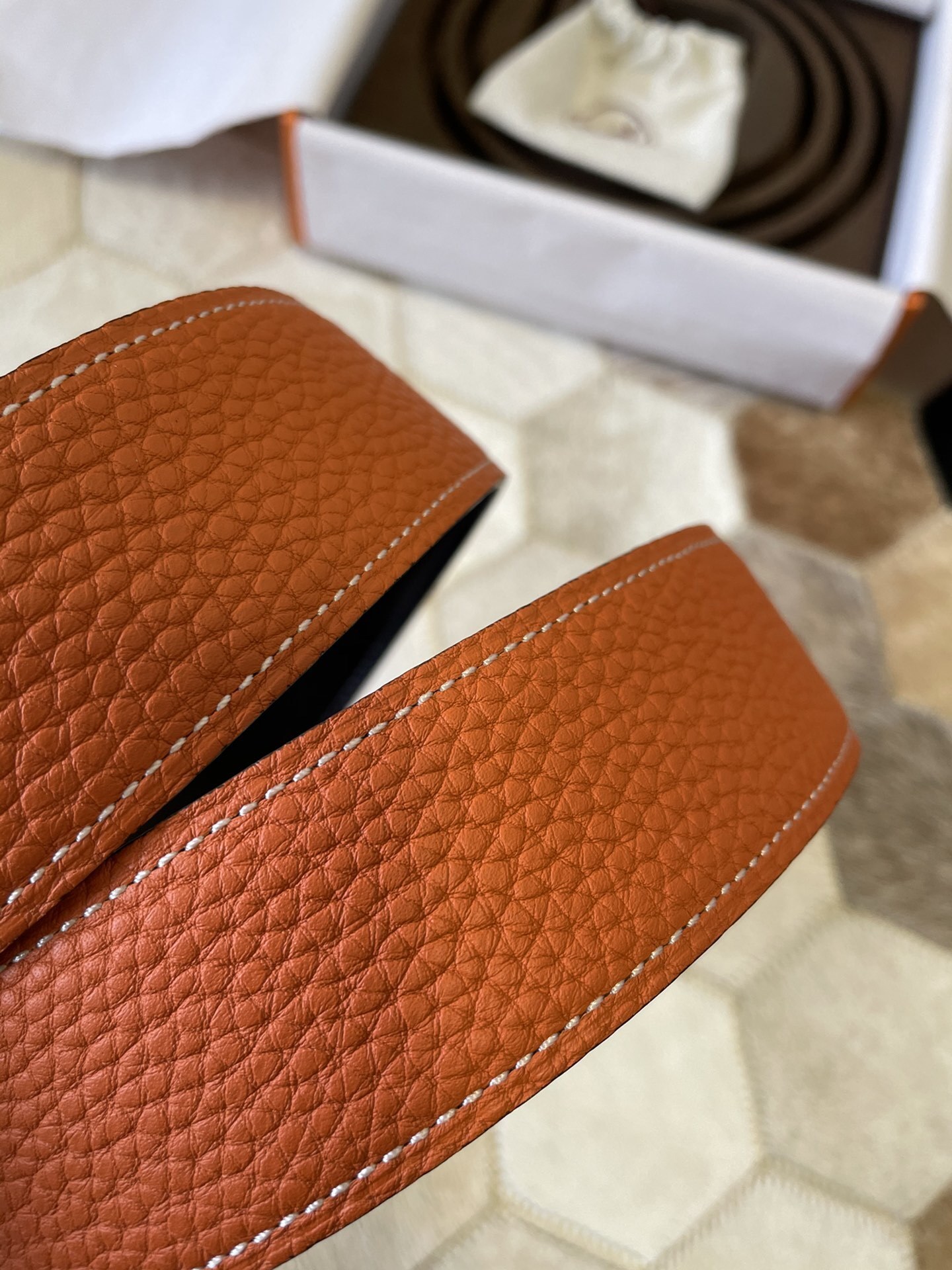 Premium Orange Grain Leather Belt with Gold H Buckle