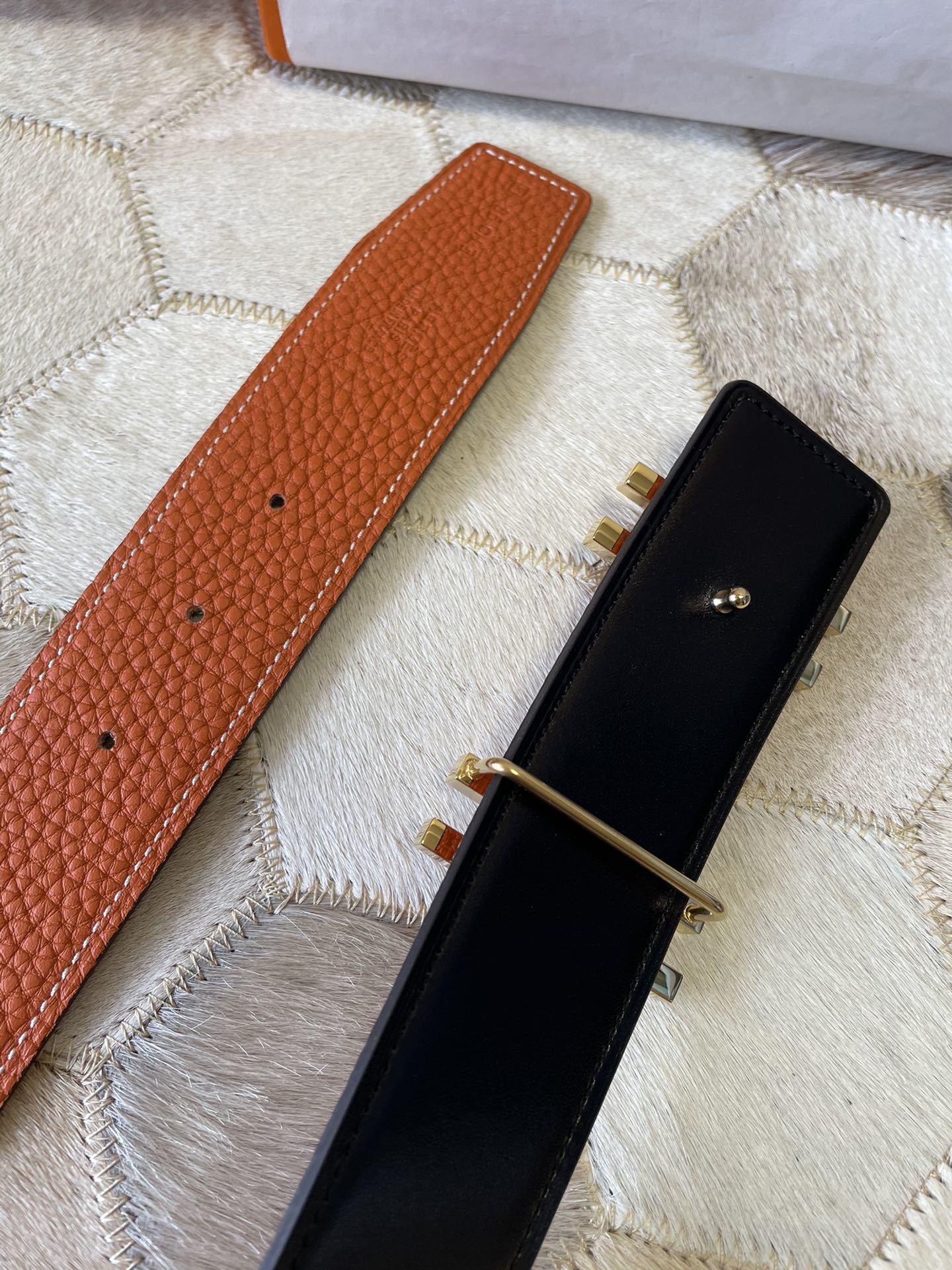 Premium Orange Grain Leather Belt with Gold H Buckle