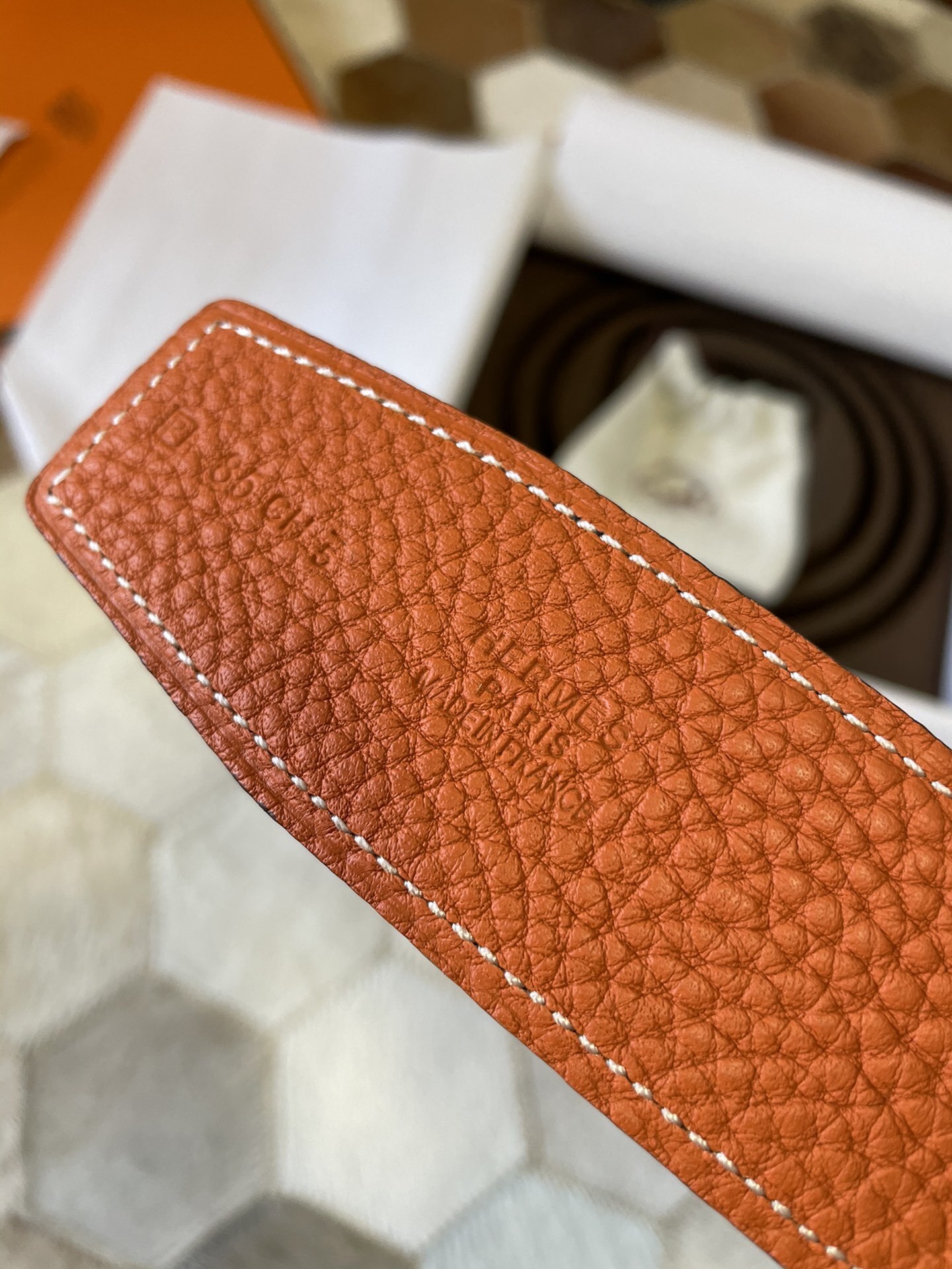 Premium Orange Grain Leather Belt with Gold H Buckle