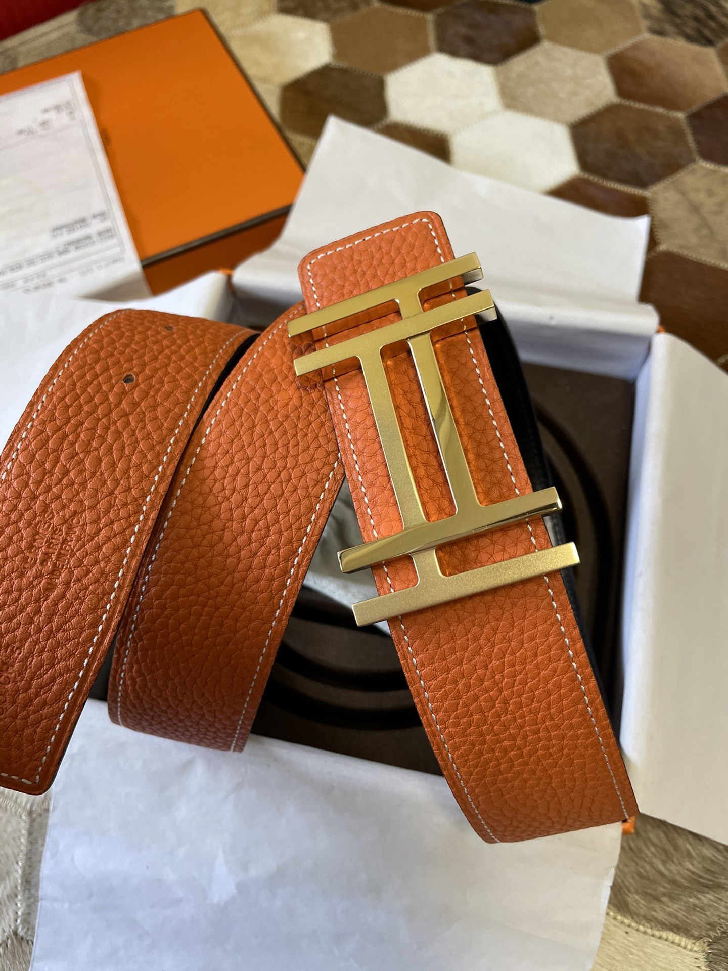 Premium Orange Grain Leather Belt with Gold H Buckle