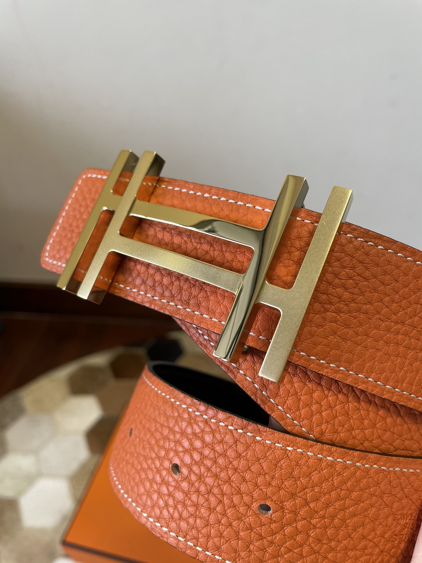 Premium Orange Grain Leather Belt with Gold H Buckle
