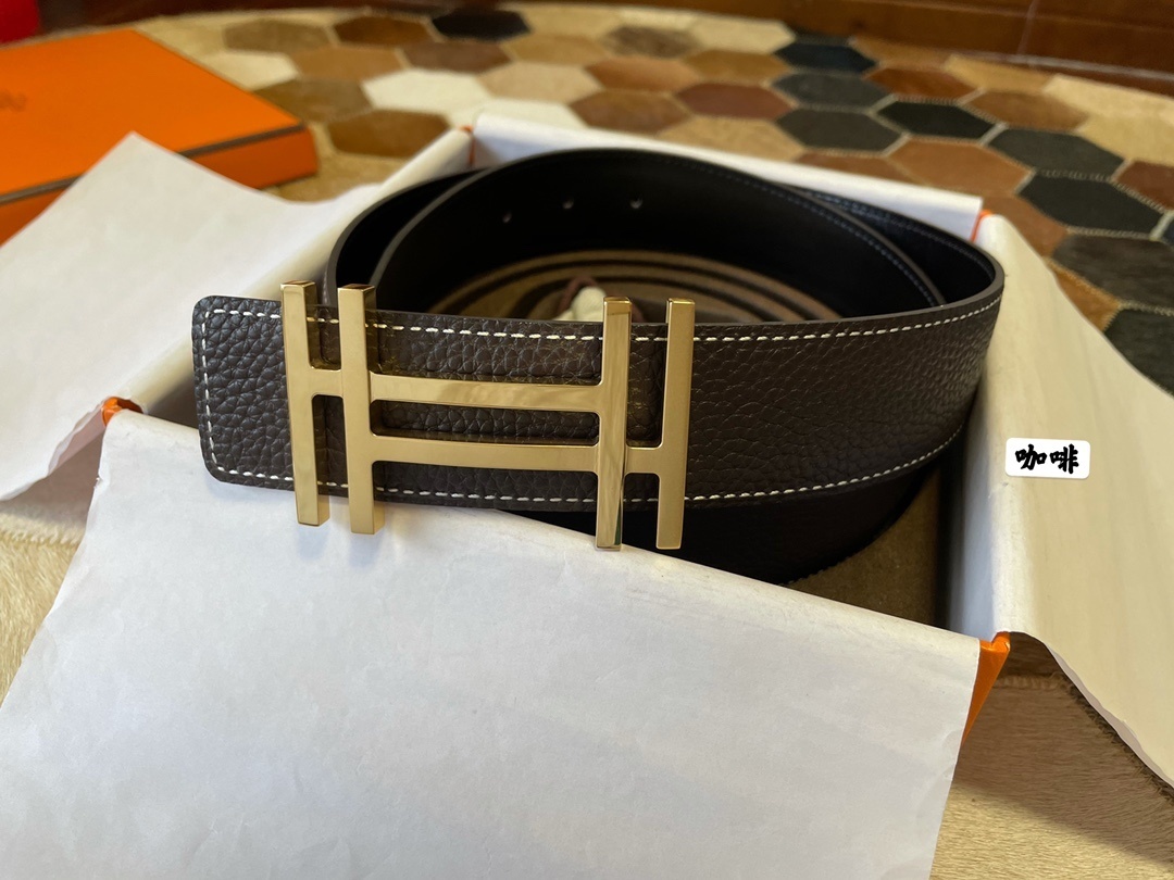 Luxury Coffee Brown Pebbled Leather Belt with Gold H Buckle