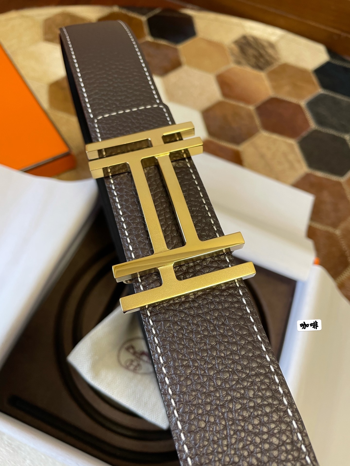 Luxury Coffee Brown Pebbled Leather Belt with Gold H Buckle