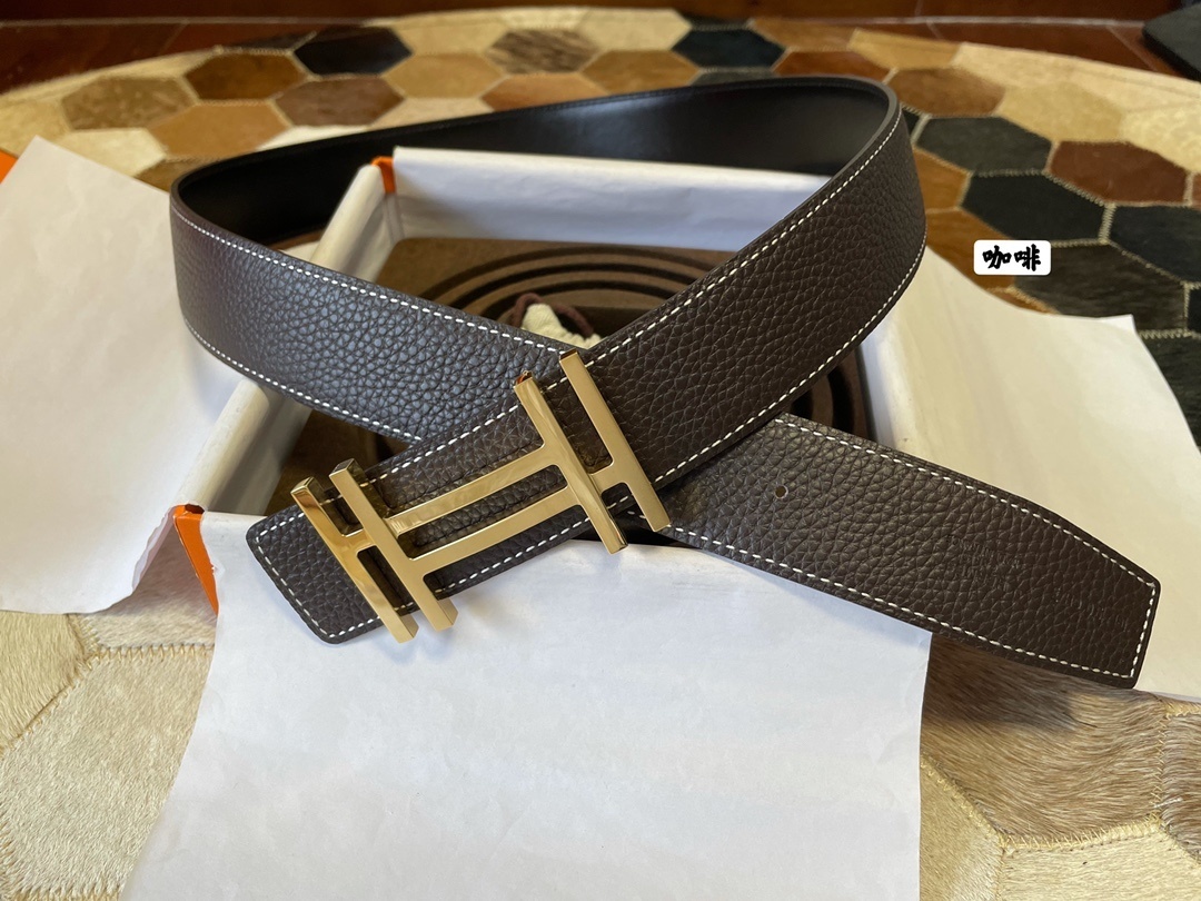 Luxury Coffee Brown Pebbled Leather Belt with Gold H Buckle