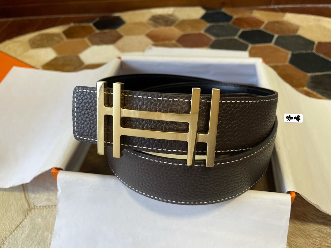 Luxury Coffee Brown Pebbled Leather Belt with Gold H Buckle
