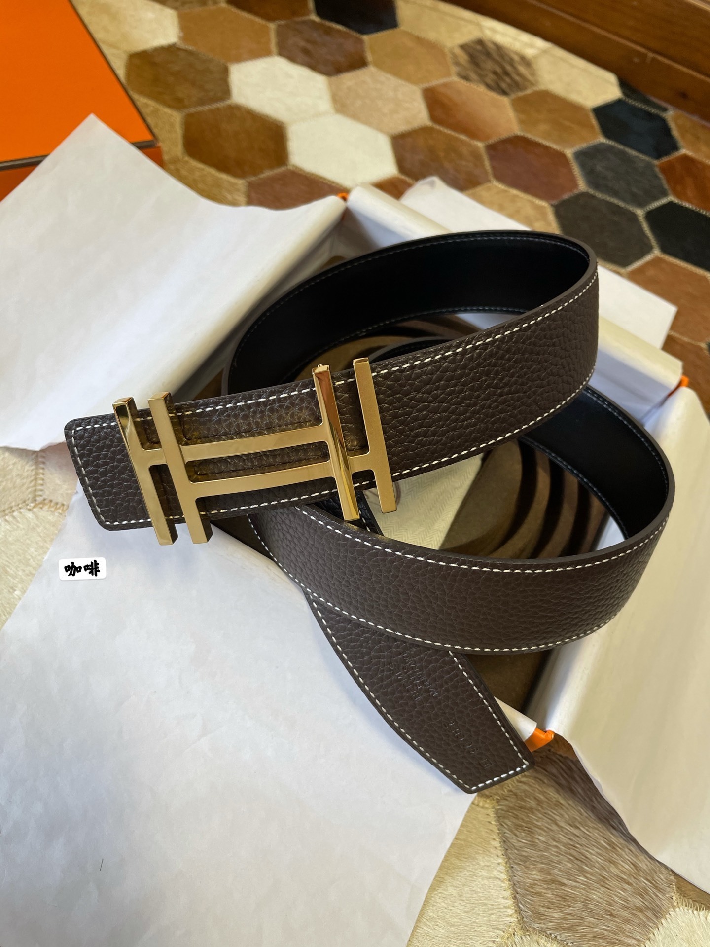 Luxury Coffee Brown Pebbled Leather Belt with Gold H Buckle