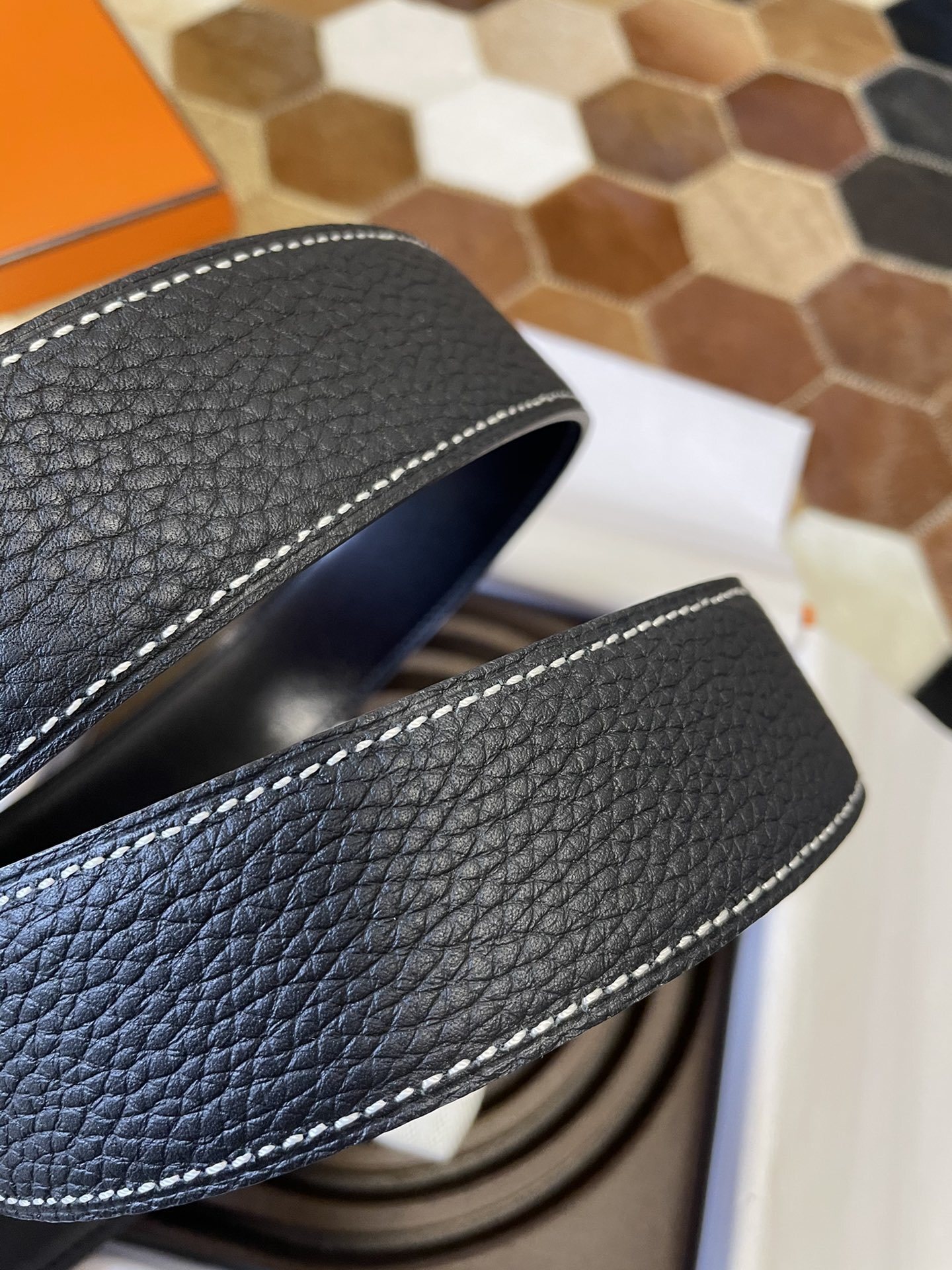 Hermes Men's Black Leather Belt with Silver H Buckle