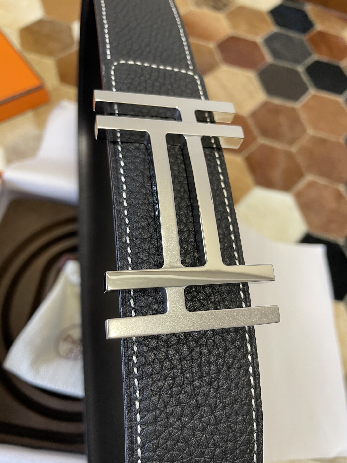 Hermes Men's Black Leather Belt with Silver H Buckle