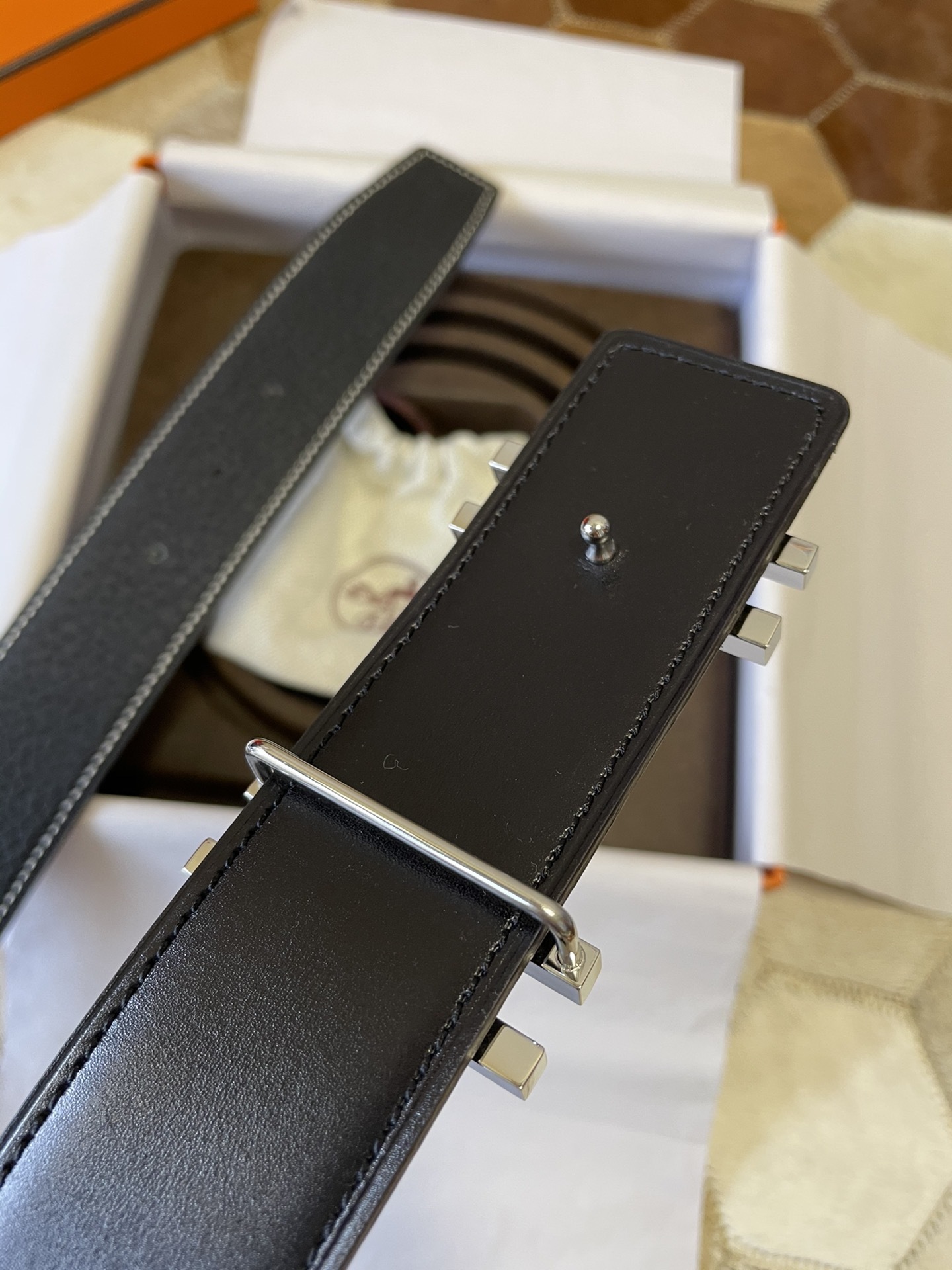 Hermes Men's Black Leather Belt with Silver H Buckle
