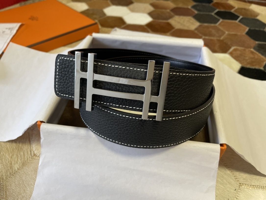 Hermes Men's Black Leather Belt with Silver H Buckle