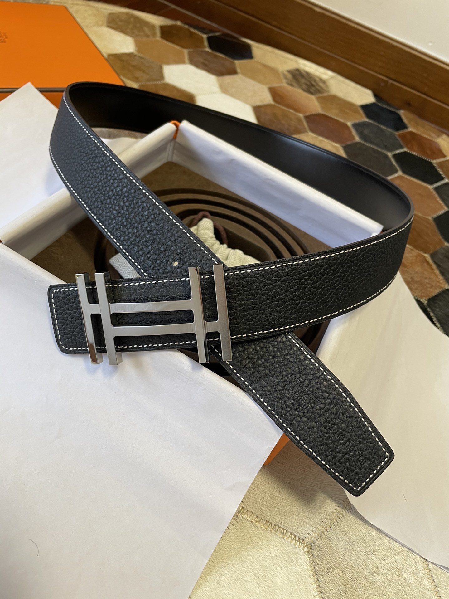 Hermes Men's Black Leather Belt with Silver H Buckle